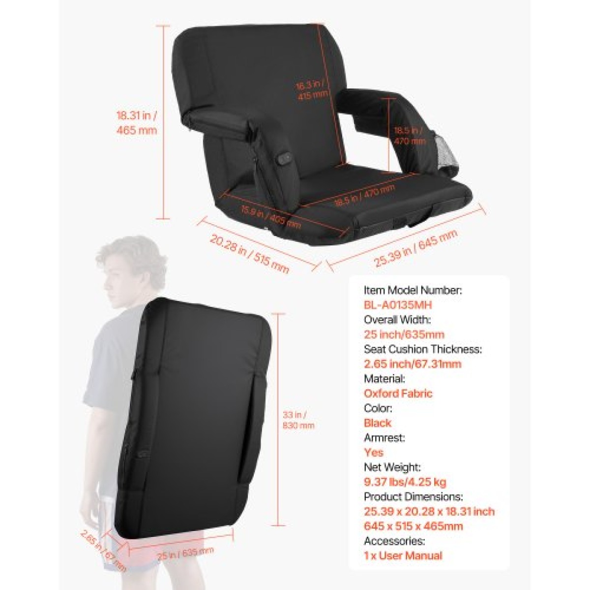 VEVOR Stadium Seat, 635mm Θερμαινόμενη Καρέκλα Σταδίου, Θερμαινόμενη Καρέκλα Bleacher με 4 τσέπες για Bleachers, 3 Level Heating & 6 Modes Vibration Portable Heating Stadium Chair for Camping, Sports Events