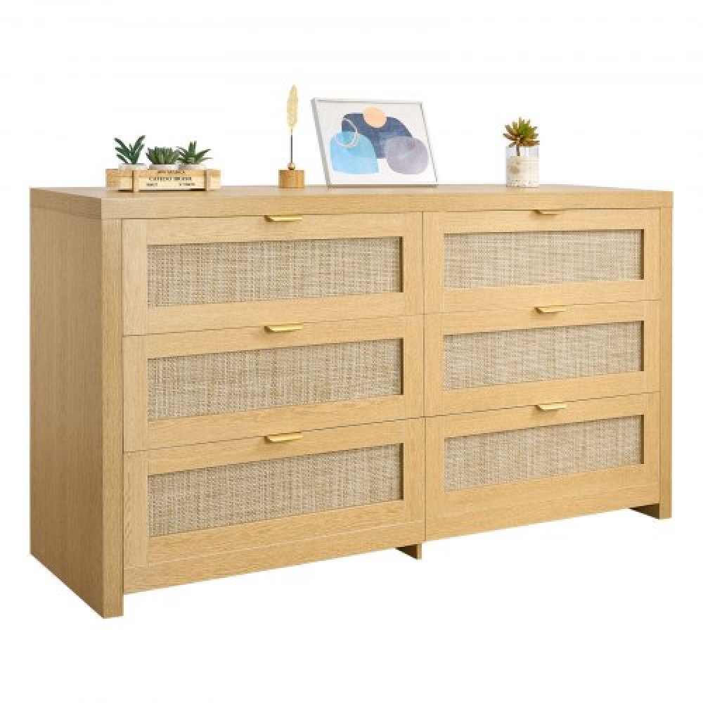VEVOR 6 Drawer Rattan Dresser, Double Dresser for Bedroom, Natural Rattan Chest of Drawer with Metal Handle, Modern Wood Chest Clothing Organizer & Storage for Bedroom, Living Room, Hallway, Burlywood