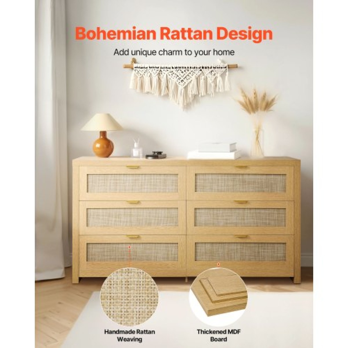Συρταριέρα VEVOR 6 Συρταριέρα Rattan, Διπλό Συρτάρι για Υπνοδωμάτιο, Φυσικό Συρταριέρα Rattan με Μεταλλική Λαβή, Μοντέρνα Ξύλινη Συρταριέρα ρούχων & Αποθήκη για Υπνοδωμάτιο, Σαλόνι, Διάδρομος, Burlywood