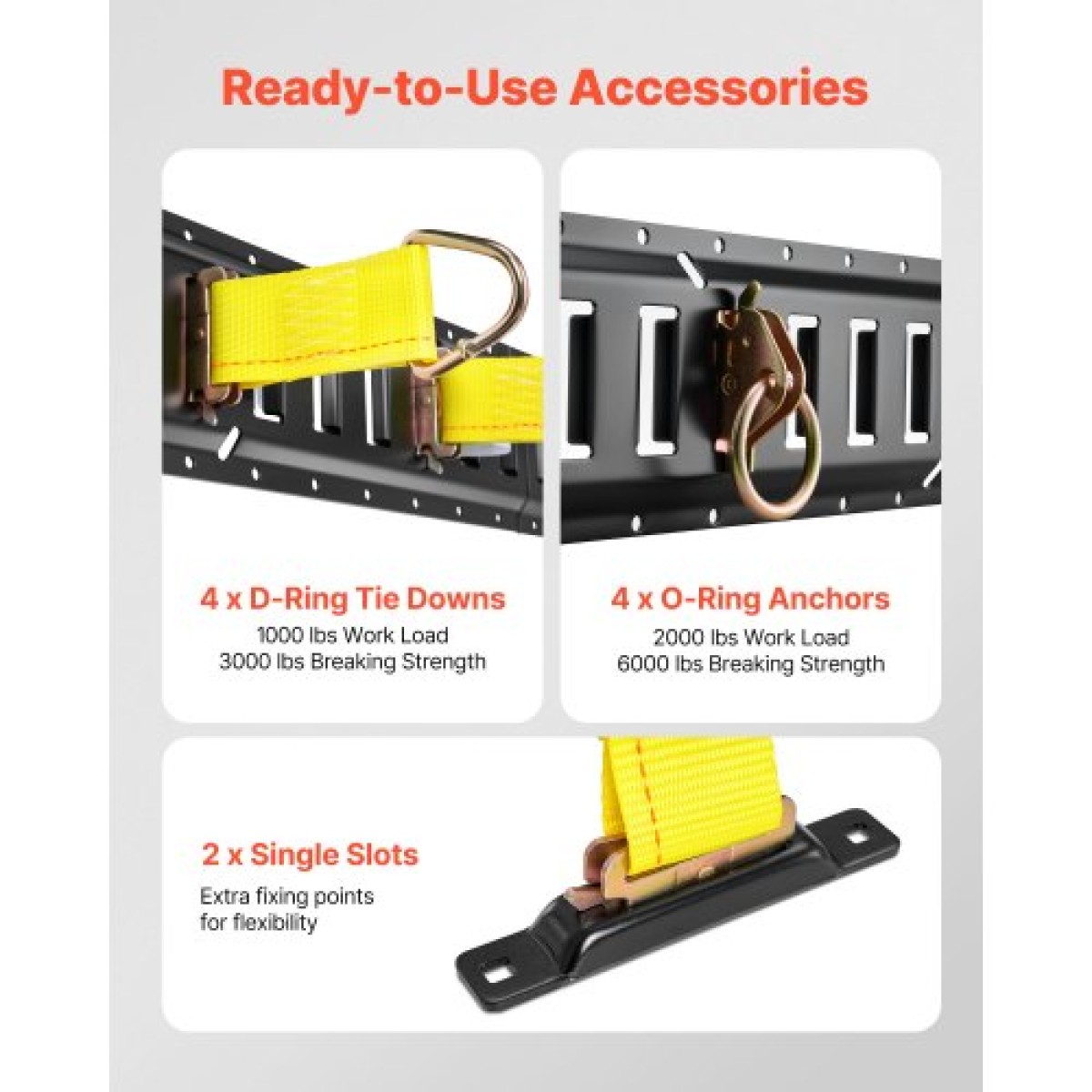VEVOR E-Track Tie-Down Rail Kit, 4 Pack 0,6 m E Rails Track, 20 τμχ Περιλαμβάνει 2 ιμάντες καστάνιας & 4 O-Ring & 4 Tie-Off με D-Ring & 2 μονές αυλακώσεις & 8 τελικά καπάκια, Fit for Garages Vans Trailers