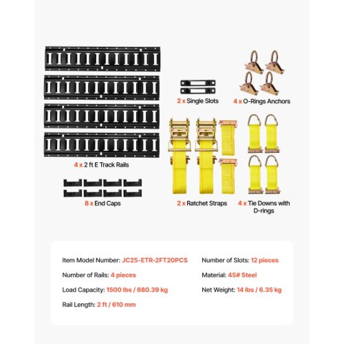 VEVOR E-Track Tie-Down Rail Kit, 4 Pack 0,6 m E Rails Track, 20 τμχ Περιλαμβάνει 2 ιμάντες καστάνιας & 4 O-Ring & 4 Tie-Off με D-Ring & 2 μονές αυλακώσεις & 8 τελικά καπάκια, Fit for Garages Vans Trailers