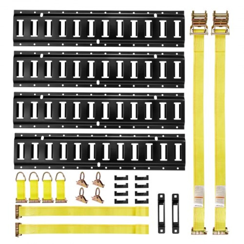 VEVOR E-Track Tie-Down Rail Kit, 4 Pack 0,6 m E Rails Track, 20 τμχ Περιλαμβάνει 2 ιμάντες καστάνιας & 4 O-Ring & 4 Tie-Off με D-Ring & 2 μονές αυλακώσεις & 8 τελικά καπάκια, Fit for Garages Vans Trailers