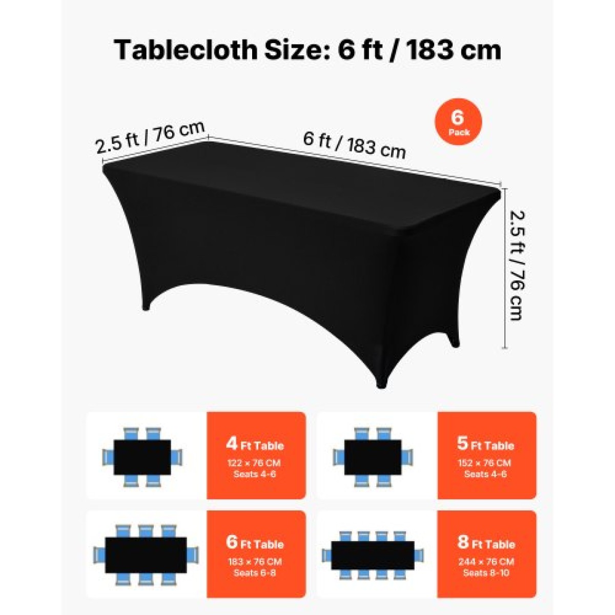 VEVOR 6 Pack Τραπεζομάντιλο για 6FT Ορθογώνια Εφαρμοσμένα Εκδηλώσεις, Ανθεκτικά στις ρυτίδες ελαστικά μαύρα καλύμματα τραπεζιού, Πλένεται Spandex προστατευτικό τραπεζομάντιλο, για πάρτι, γάμο, κοκτέιλ, συμπόσιο, φεστιβάλ