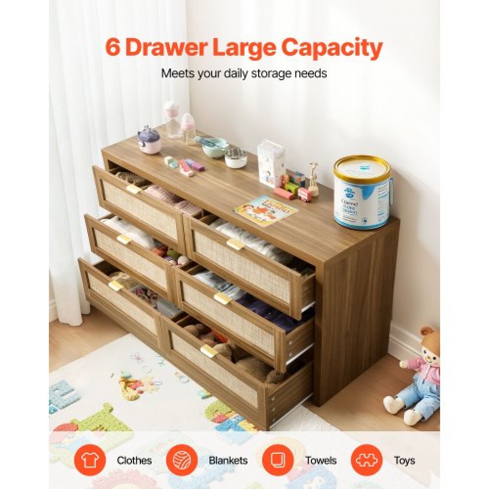 VEVOR 6 Drawer Rattan Dresser, Double Dresser for Bedroom, Natural Rattan Chest of Drawer with Metal Handle, Modern Wood Chest Clothing Organizer & Storage for Bedroom, Living Room, Hallway, Walnut