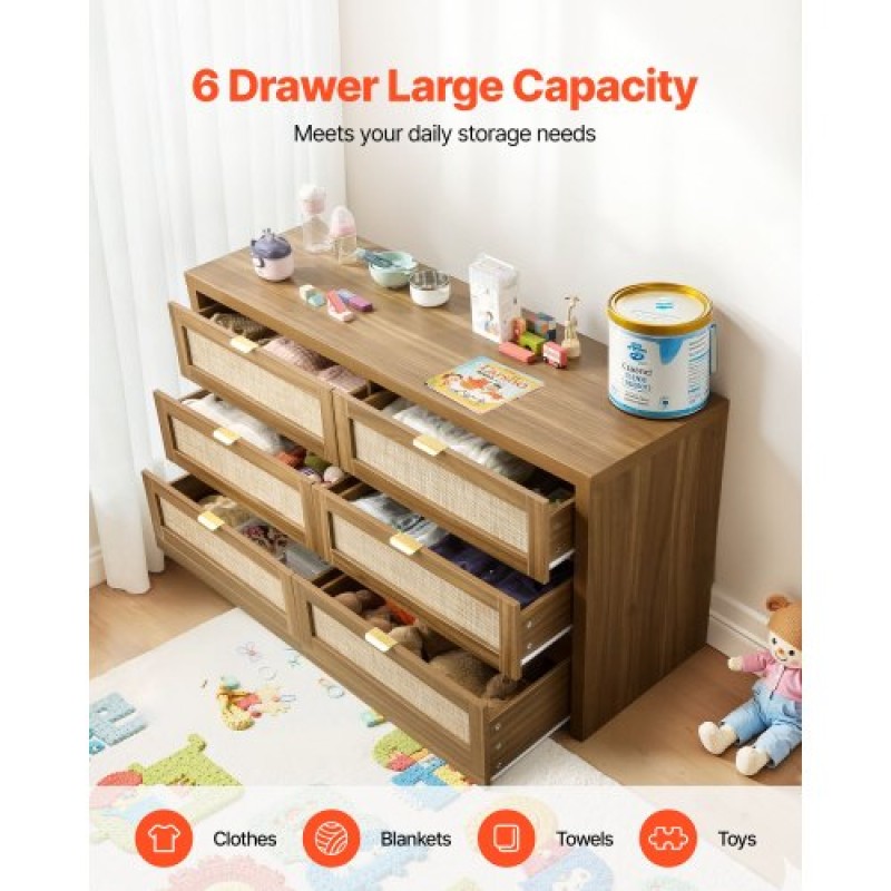 VEVOR 6 Συρταριέρα Rattan Dresser, Διπλό συρταριέρα για Υπνοδωμάτιο, Natural Rattan Συρταριέρα με Μεταλλική λαβή, Μοντέρνα Ξύλινη Συρταριέρα ρούχων & Αποθήκη για Υπνοδωμάτιο, Σαλόνι, Διάδρομος, Καρυδιά
