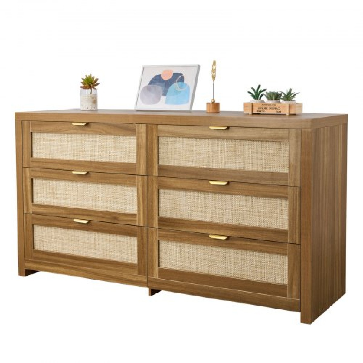 VEVOR 6 Συρταριέρα Rattan Dresser, Διπλό συρταριέρα για Υπνοδωμάτιο, Natural Rattan Συρταριέρα με Μεταλλική λαβή, Μοντέρνα Ξύλινη Συρταριέρα ρούχων & Αποθήκη για Υπνοδωμάτιο, Σαλόνι, Διάδρομος, Καρυδιά