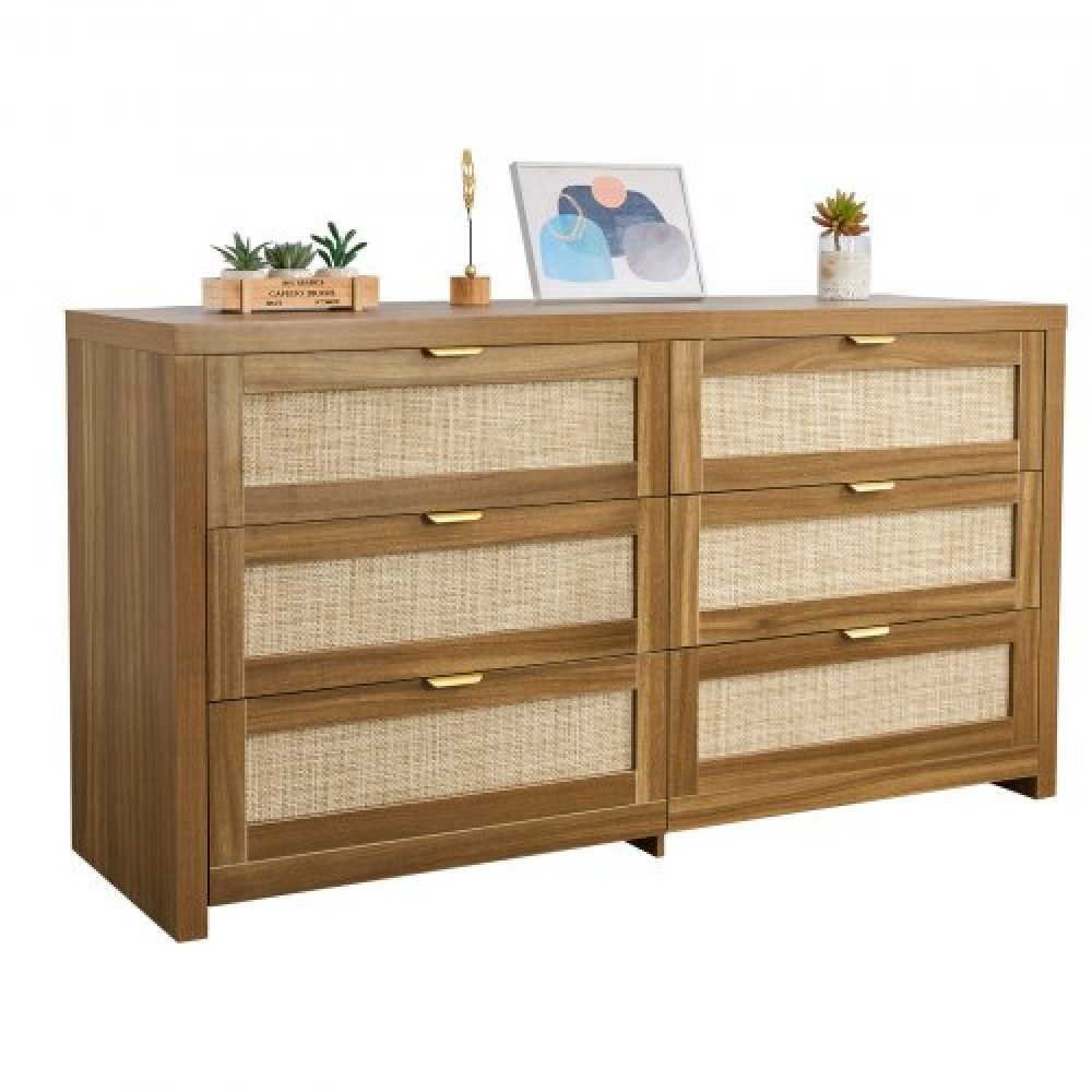 VEVOR 6 Drawer Rattan Dresser, Double Dresser for Bedroom, Natural Rattan Chest of Drawer with Metal Handle, Modern Wood Chest Clothing Organizer & Storage for Bedroom, Living Room, Hallway, Walnut
