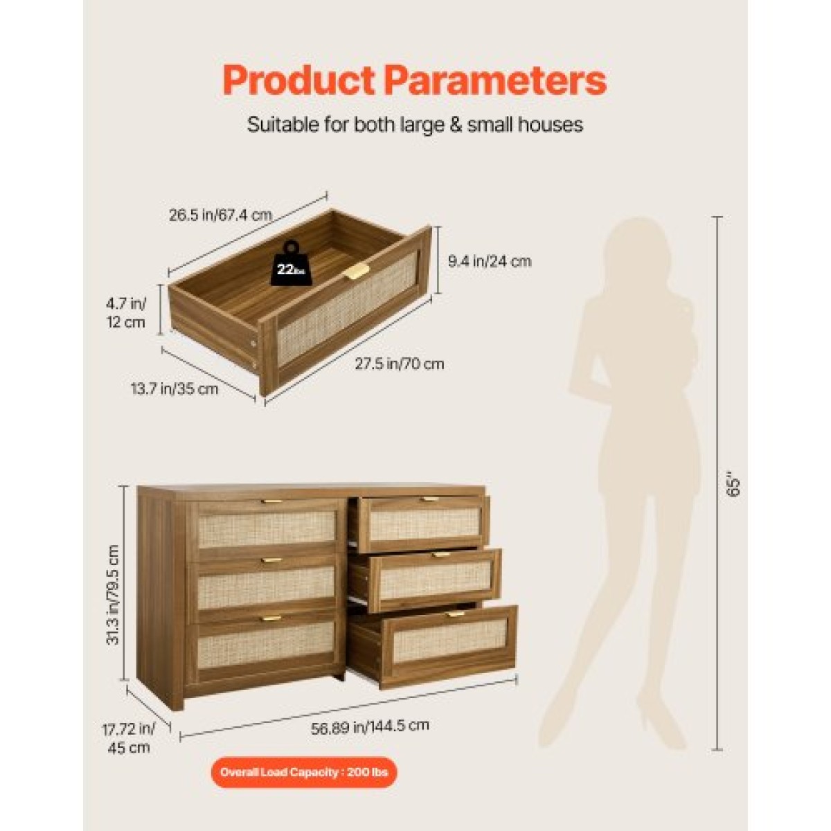 VEVOR 6 Συρταριέρα Rattan Dresser, Διπλό συρταριέρα για Υπνοδωμάτιο, Natural Rattan Συρταριέρα με Μεταλλική λαβή, Μοντέρνα Ξύλινη Συρταριέρα ρούχων & Αποθήκη για Υπνοδωμάτιο, Σαλόνι, Διάδρομος, Καρυδιά