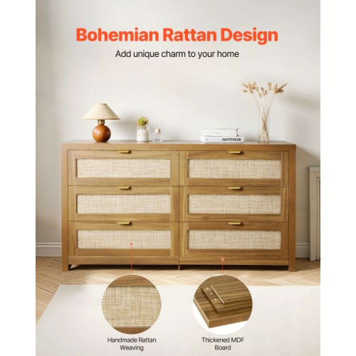 VEVOR 6 Συρταριέρα Rattan Dresser, Διπλό συρταριέρα για Υπνοδωμάτιο, Natural Rattan Συρταριέρα με Μεταλλική λαβή, Μοντέρνα Ξύλινη Συρταριέρα ρούχων & Αποθήκη για Υπνοδωμάτιο, Σαλόνι, Διάδρομος, Καρυδιά