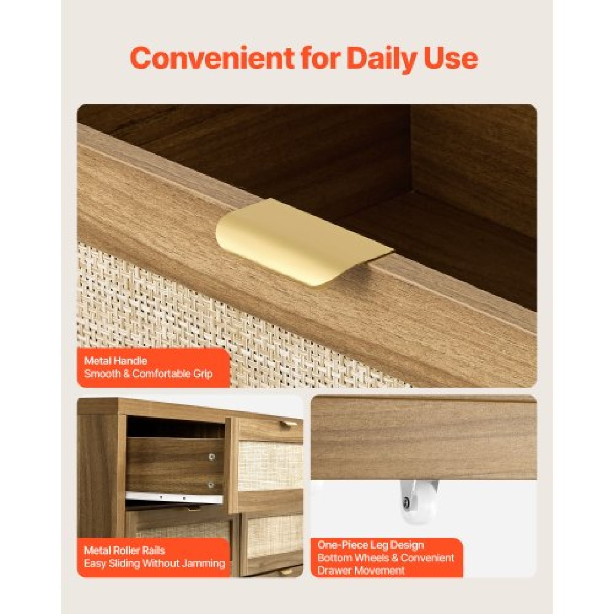 VEVOR 6 Συρταριέρα Rattan Dresser, Διπλό συρταριέρα για Υπνοδωμάτιο, Natural Rattan Συρταριέρα με Μεταλλική λαβή, Μοντέρνα Ξύλινη Συρταριέρα ρούχων & Αποθήκη για Υπνοδωμάτιο, Σαλόνι, Διάδρομος, Καρυδιά