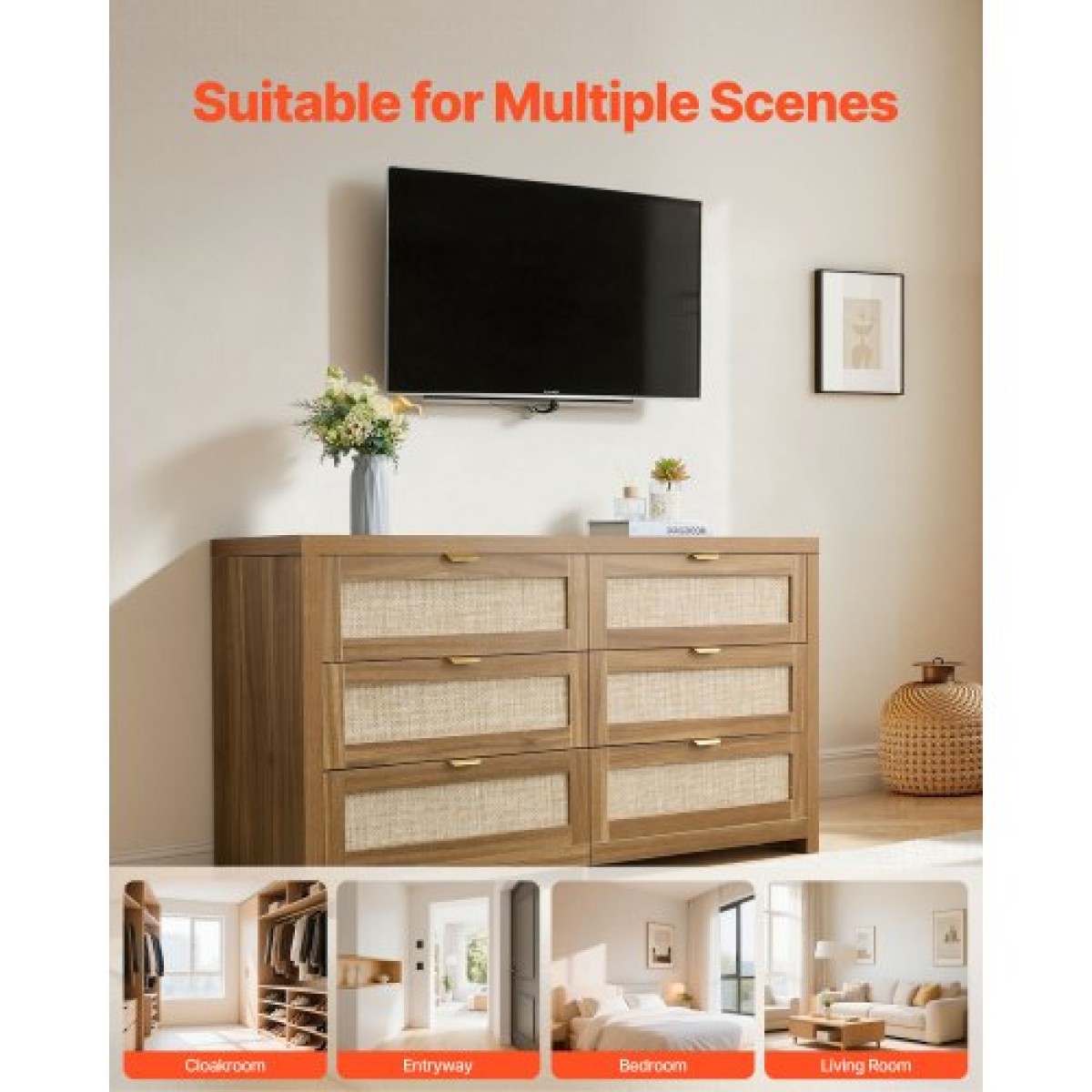 VEVOR 6 Συρταριέρα Rattan Dresser, Διπλό συρταριέρα για Υπνοδωμάτιο, Natural Rattan Συρταριέρα με Μεταλλική λαβή, Μοντέρνα Ξύλινη Συρταριέρα ρούχων & Αποθήκη για Υπνοδωμάτιο, Σαλόνι, Διάδρομος, Καρυδιά