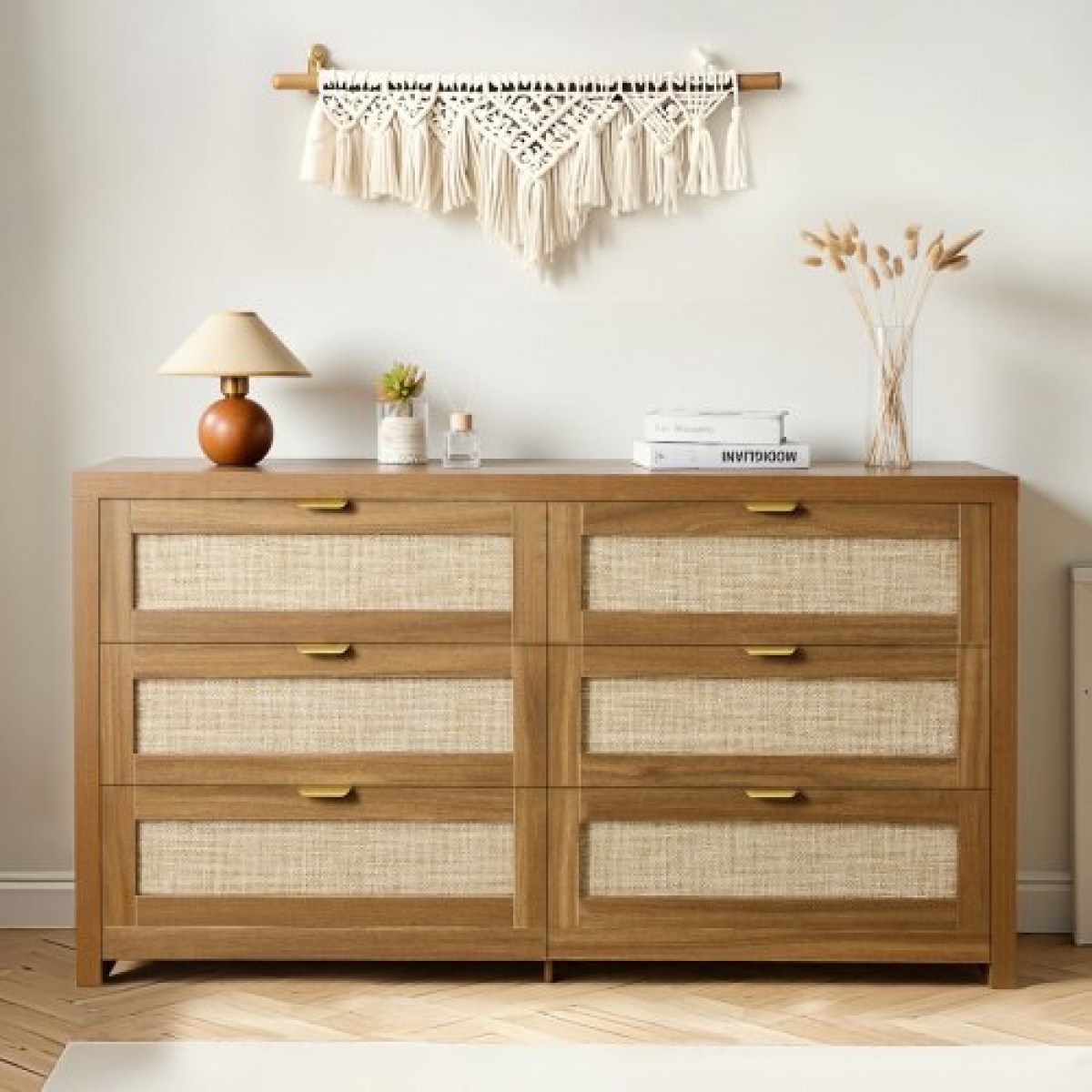 VEVOR 6 Συρταριέρα Rattan Dresser, Διπλό συρταριέρα για Υπνοδωμάτιο, Natural Rattan Συρταριέρα με Μεταλλική λαβή, Μοντέρνα Ξύλινη Συρταριέρα ρούχων & Αποθήκη για Υπνοδωμάτιο, Σαλόνι, Διάδρομος, Καρυδιά