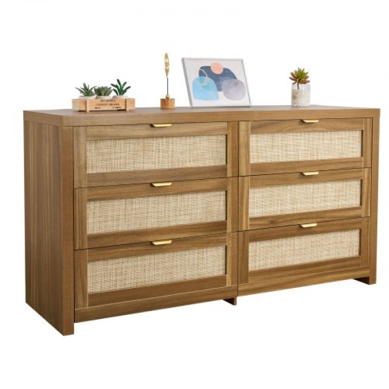 VEVOR 6 Συρταριέρα Rattan Dresser, Διπλό συρταριέρα για Υπνοδωμάτιο, Natural Rattan Συρταριέρα με Μεταλλική λαβή, Μοντέρνα Ξύλινη Συρταριέρα ρούχων & Αποθήκη για Υπνοδωμάτιο, Σαλόνι, Διάδρομος, Καρυδιά