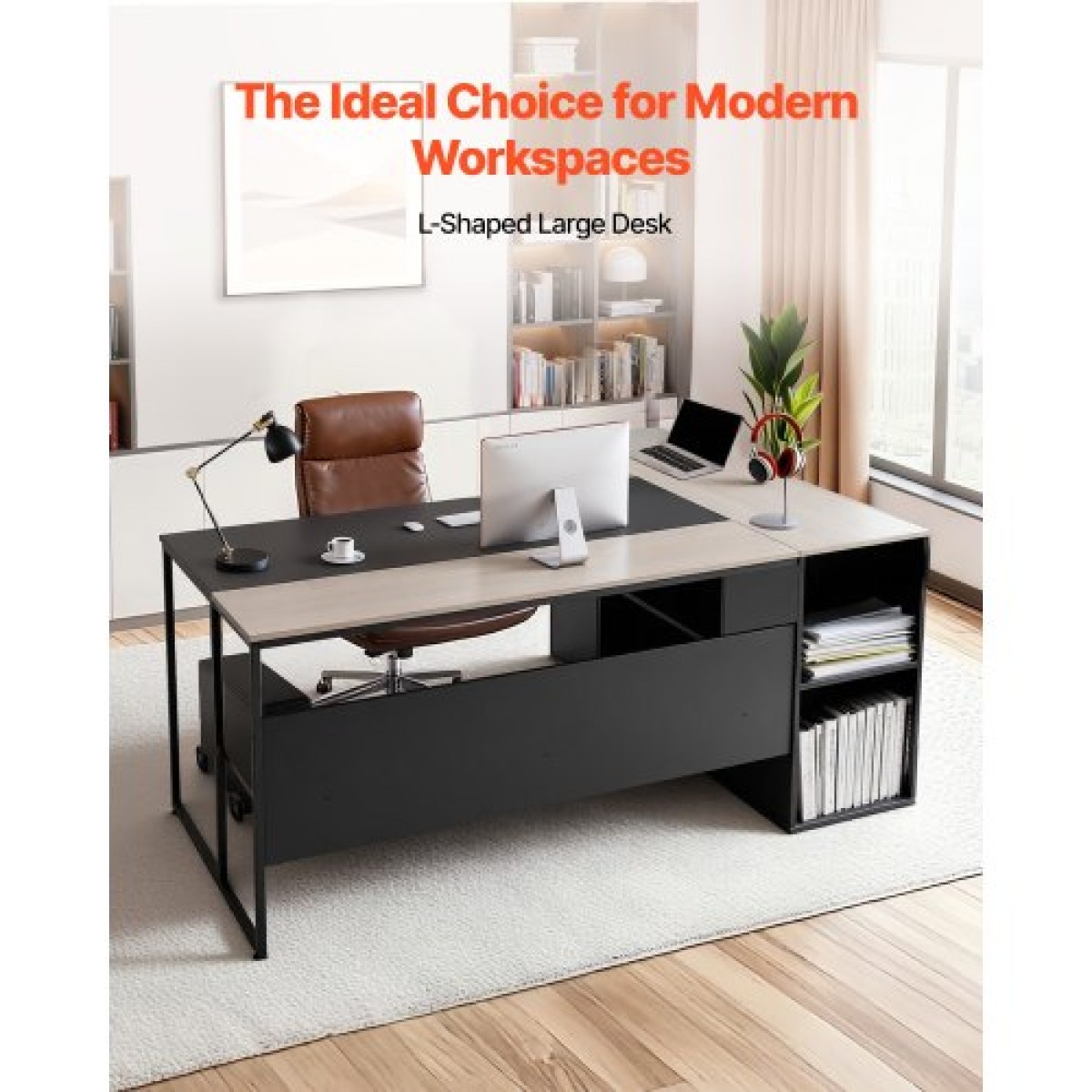 Executive Desk σε σχήμα L VEVOR, Μεγάλο μοντέρνο τραπέζι γραφείου με συρτάρια & ντουλάπι αποθήκευσης, βαρέως τύπου ξύλινο Executive τραπέζι με βάση CPU, χωρητικότητα φόρτωσης 158,7 KG, Εύκολη συναρμολόγηση, για συγγραφή εργασιών μελέτης