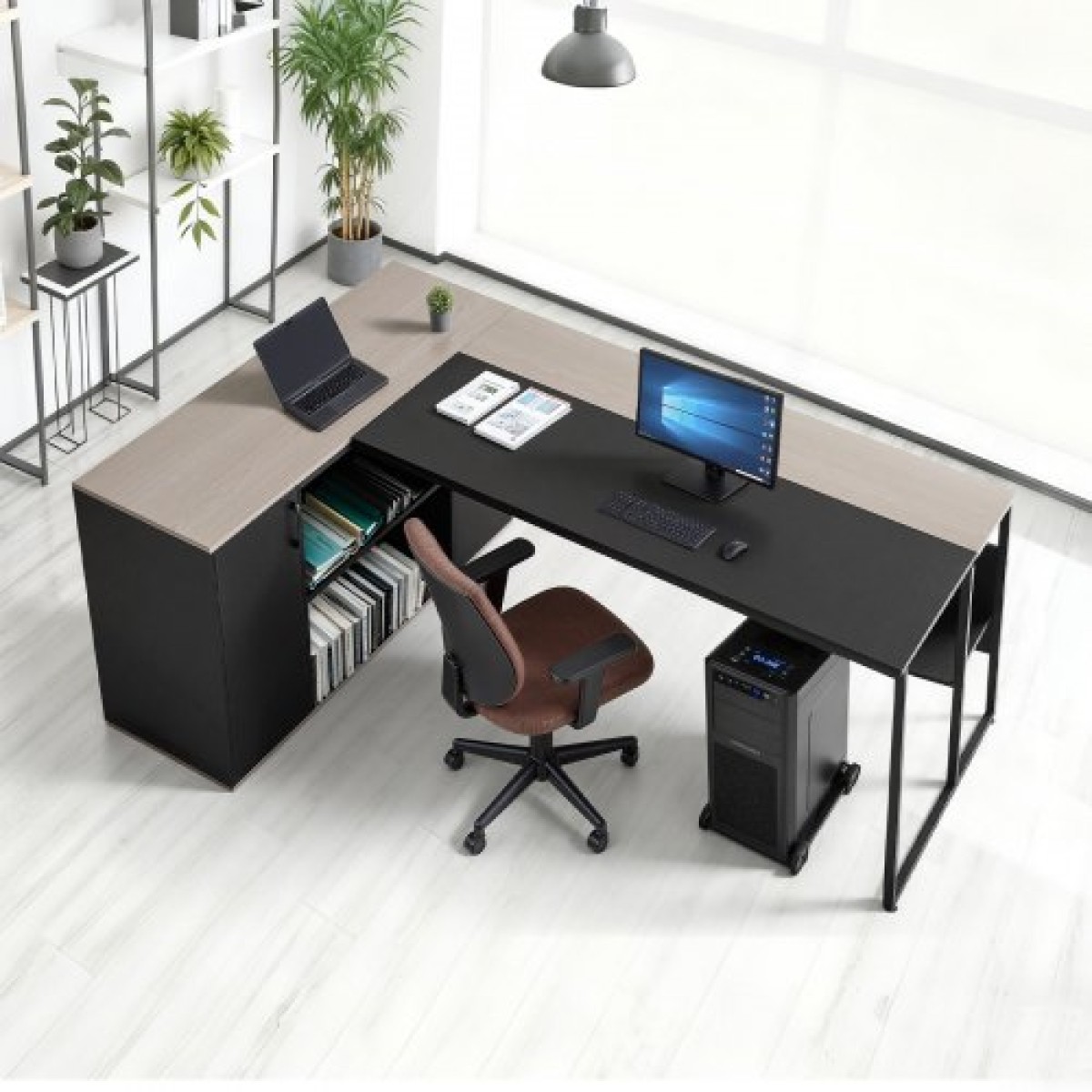 Executive Desk σε σχήμα L VEVOR, Μεγάλο μοντέρνο τραπέζι γραφείου με συρτάρια & ντουλάπι αποθήκευσης, βαρέως τύπου ξύλινο Executive τραπέζι με βάση CPU, χωρητικότητα φόρτωσης 158,7 KG, Εύκολη συναρμολόγηση, για συγγραφή εργασιών μελέτης