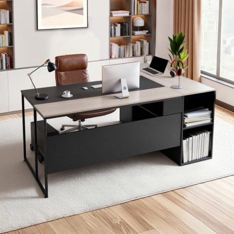 Executive Desk σε σχήμα L VEVOR, Μεγάλο μοντέρνο τραπέζι γραφείου με συρτάρια & ντουλάπι αποθήκευσης, βαρέως τύπου ξύλινο Executive τραπέζι με βάση CPU, χωρητικότητα φόρτωσης 158,7 KG, Εύκολη συναρμολόγηση, για συγγραφή εργασιών μελέτης