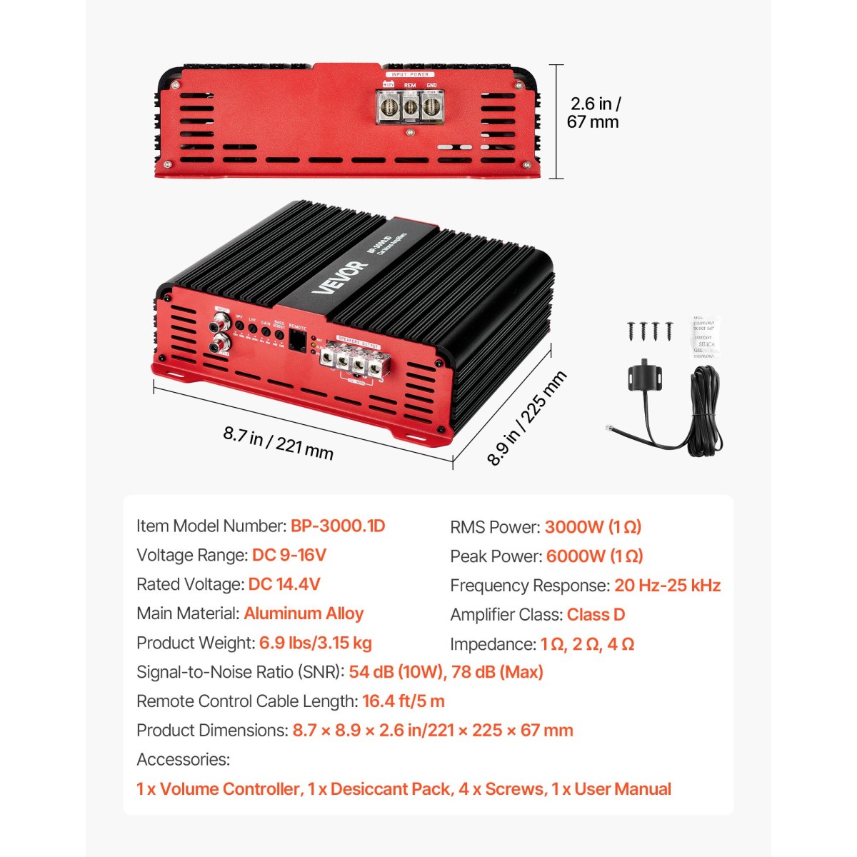 Ενισχυτής αυτοκινήτου VEVOR Monoblock, 3000W RMS MAX, 1/2/4 Ohm Stable, Ενισχυτής ήχου αυτοκινήτου κατηγορίας D 1 καναλιού με απομακρυσμένο έλεγχο στάθμης υπογούφερ, φίλτρο χαμηλής διέλευσης και ενίσχυση μπάσων, περιλαμβάνεται ελεγκτής έντασης ήχου