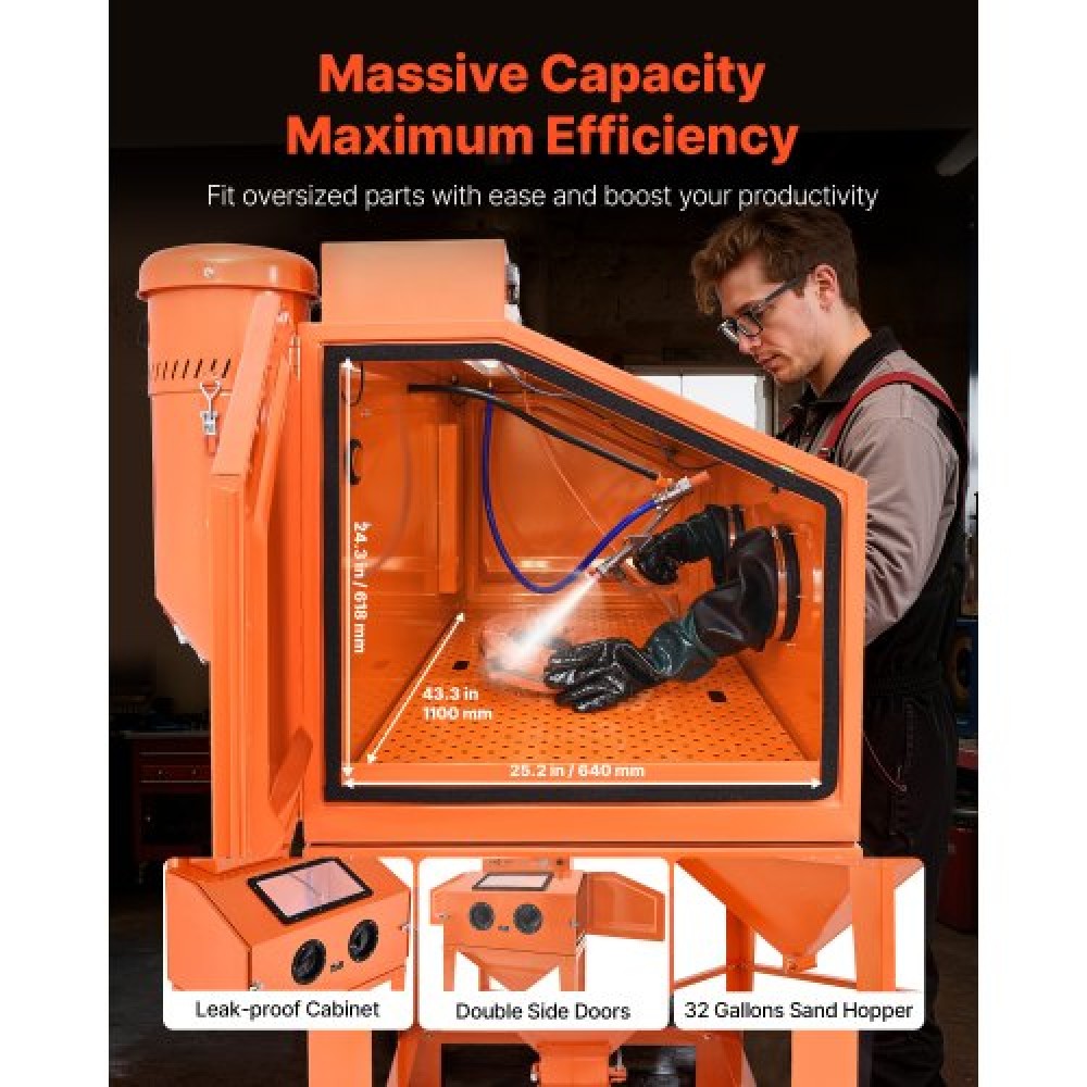 VEVOR 435L Sandblasting Cabinet, Heavy Duty Steel Sand Blaster with Dual Blasting Guns Kit, 117L Media Hopper & 1200W Powerful Dust Collector for Oversized Parts Rust Removal, Surface Finishing