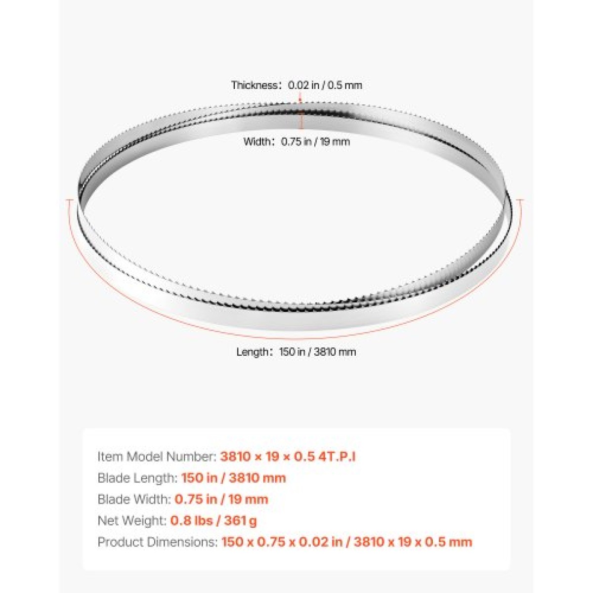 Λεπίδα πριονοκορδέλας VEVOR, μήκος 3810 mm, λεπίδα πριονιού ταινίας 4 TPI με 18 σκληρυμένα αιχμηρά δόντια HRC, ανθρακούχο ατσάλι υψηλής αντοχής SK5, πλάτος 19 mm, αντικατάσταση για μεγάλες μάρκες πριονιού ταινίας επεξεργασίας ξύλου, 1 πακέτο