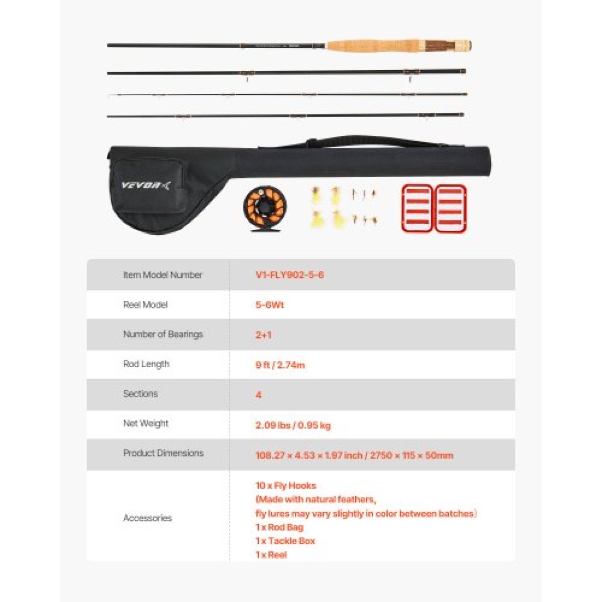 VEVOR Fly Fishing Combo Kit, IM7 Carbon Fly Fishing Rod and Reel Combo, Starter Fly Rod and Reel Outfit with Rod Bag, Tackle Box, 6 Short-Tail & 4 Long-Tail Fly Hooks, για ταξίδια, επιλογή διακοπών