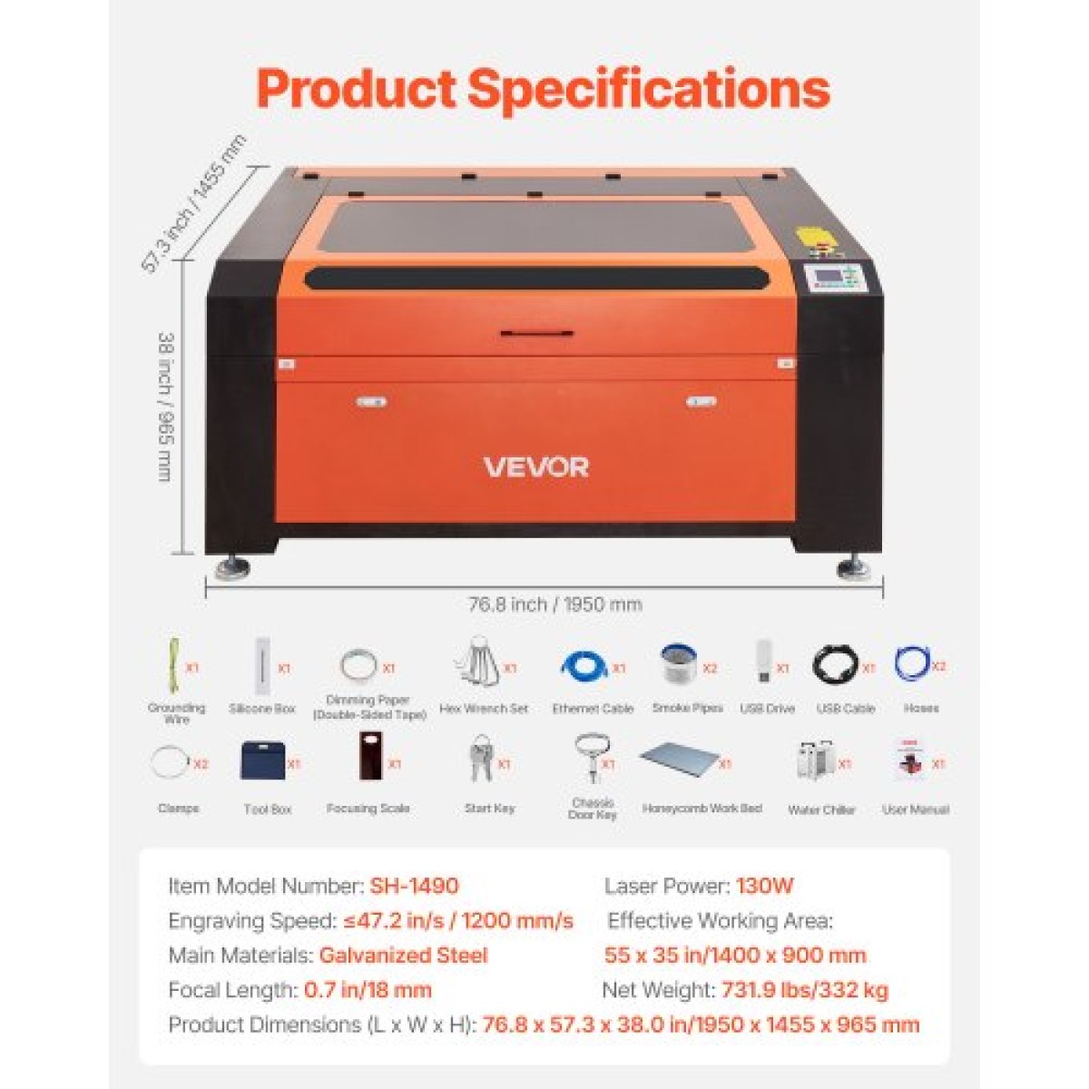 VEVOR 130W CO2 Laser Engraver, 1400 x 900 mm, CO2 Laser Engraver Cutter Machine with Water Chiller, 2 Way Pass Air Assist, Ταχύτητα 1200 mm/s, Μηχάνημα κοπής χάραξης αυτόματης εστίασης, για ξύλο ακρυλικό γυαλί