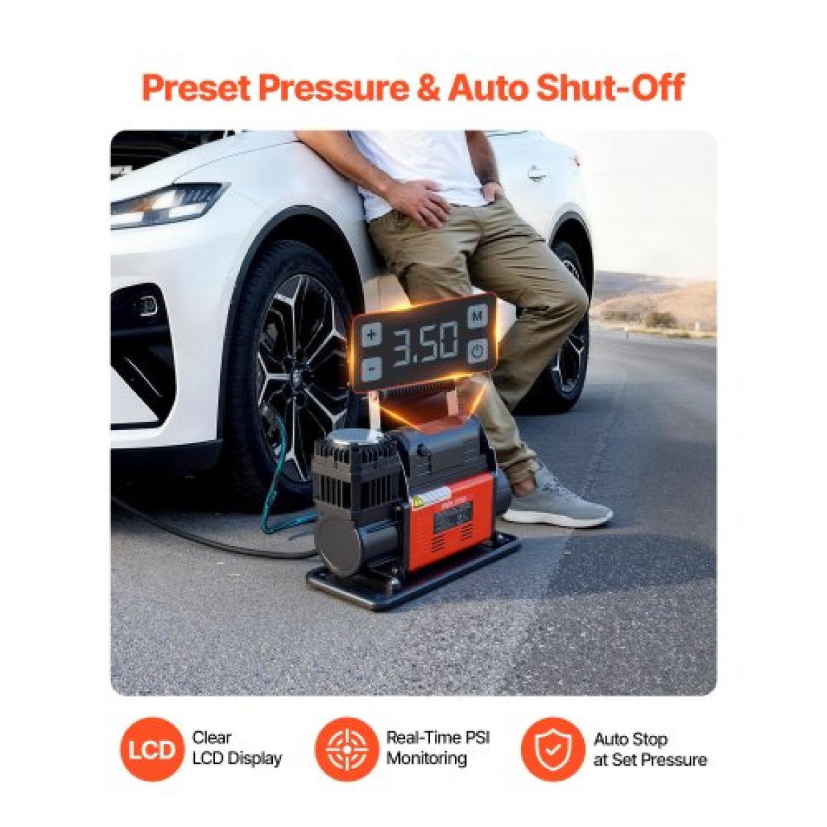 VEVOR 12V Heavy Duty Air Compressor, Auto-Stop φορητό φουσκωτό ελαστικών με ψηφιακή οθόνη LCD, 202 L/Min 150 PSI Αεραντλία εκτός δρόμου με αντάπτορες για φορτηγά Αυτοκίνητο SUV 4 x 4 Vehicle RV