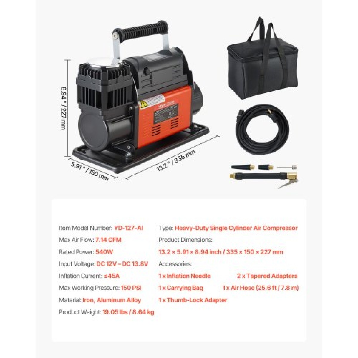 VEVOR 12V Heavy Duty Air Compressor, Auto-Stop φορητό φουσκωτό ελαστικών με ψηφιακή οθόνη LCD, 202 L/Min 150 PSI Αεραντλία εκτός δρόμου με αντάπτορες για φορτηγά Αυτοκίνητο SUV 4 x 4 Vehicle RV