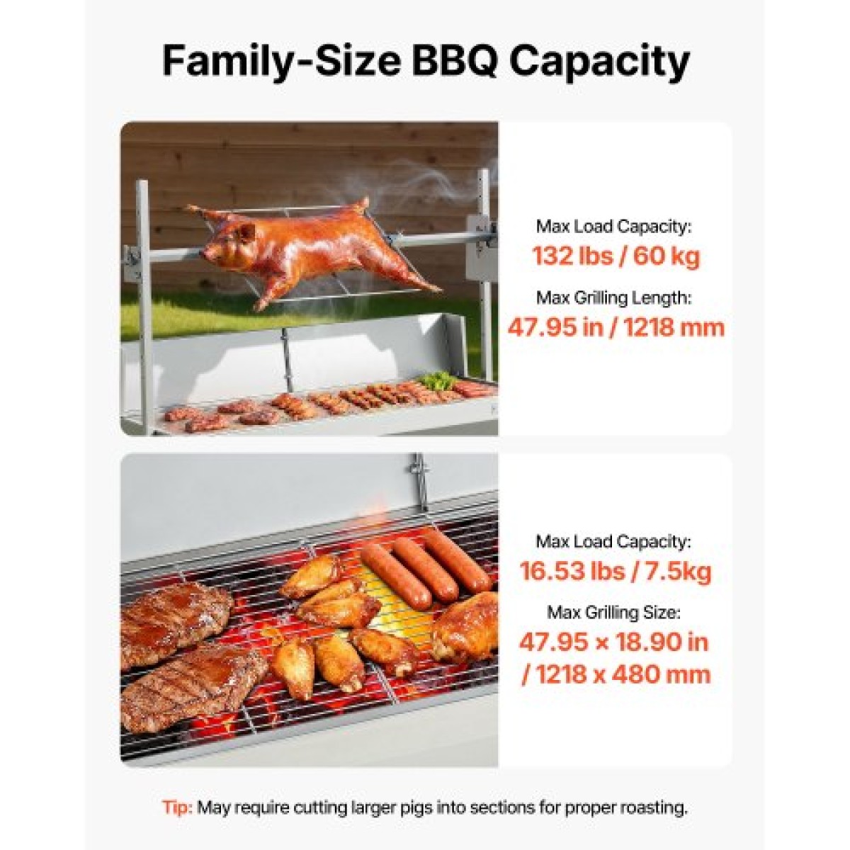 Ψητοπωλείο VEVOR, ψηστιέρα ψησίματος 38W BBQ εξωτερικού χώρου, Ψητό σούβλας με κάρβουνο με χωρητικότητα 60 κιλών, ρόδες & ύψος 4 επιπέδων, κιτ ψησίματος ψησίματος από ανοξείδωτο ατσάλι για υπαίθριο κάμπινγκ