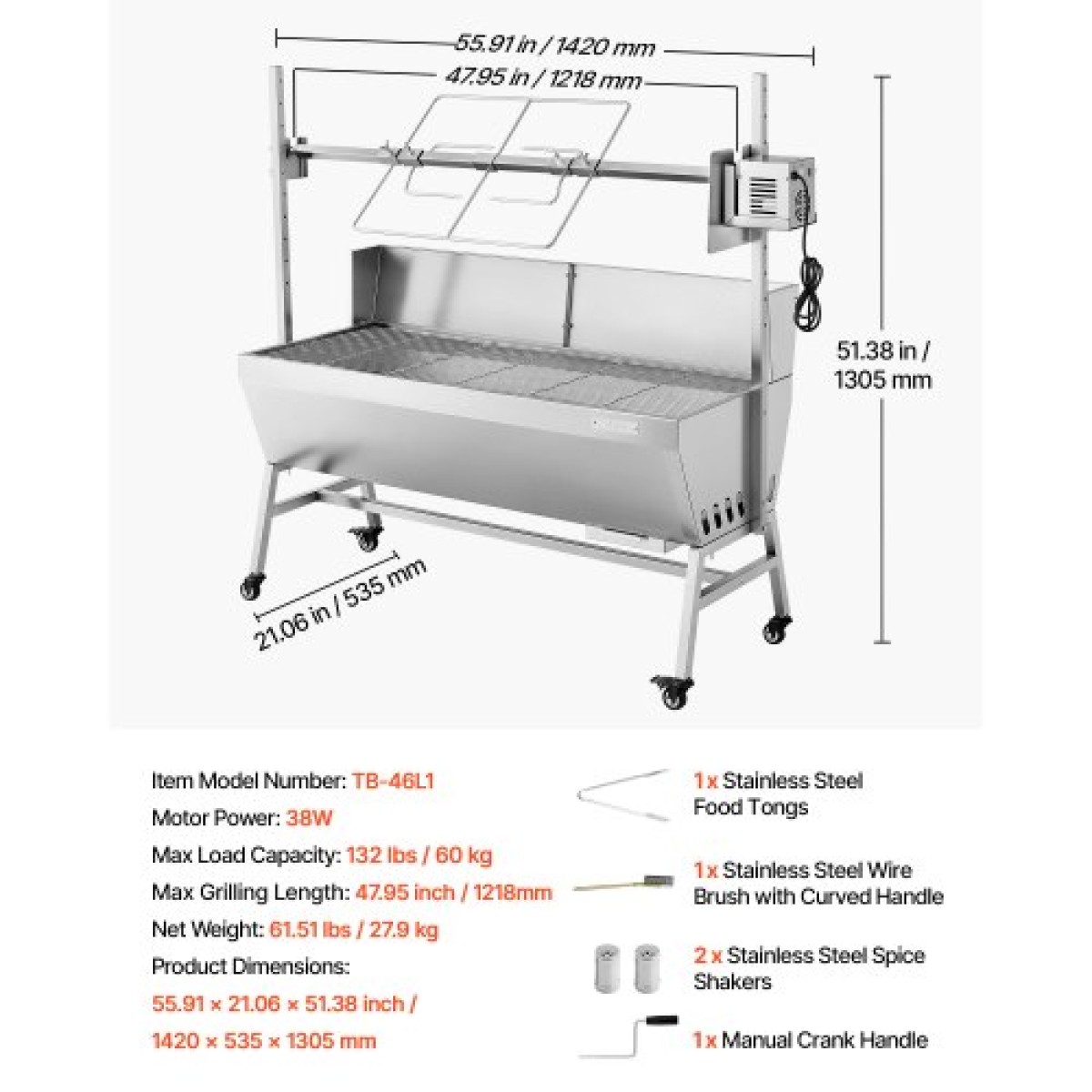 Ψητοπωλείο VEVOR, ψηστιέρα ψησίματος 38W BBQ εξωτερικού χώρου, Ψητό σούβλας με κάρβουνο με χωρητικότητα 60 κιλών, ρόδες & ύψος 4 επιπέδων, κιτ ψησίματος ψησίματος από ανοξείδωτο ατσάλι για υπαίθριο κάμπινγκ