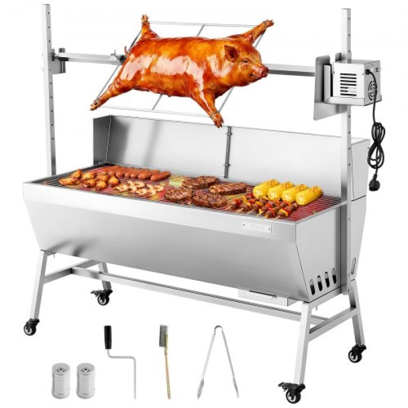 Ψητοπωλείο VEVOR, ψηστιέρα ψησίματος 38W BBQ εξωτερικού χώρου, Ψητό σούβλας με κάρβουνο με χωρητικότητα 60 κιλών, ρόδες & ύψος 4 επιπέδων, κιτ ψησίματος ψησίματος από ανοξείδωτο ατσάλι για υπαίθριο κάμπινγκ