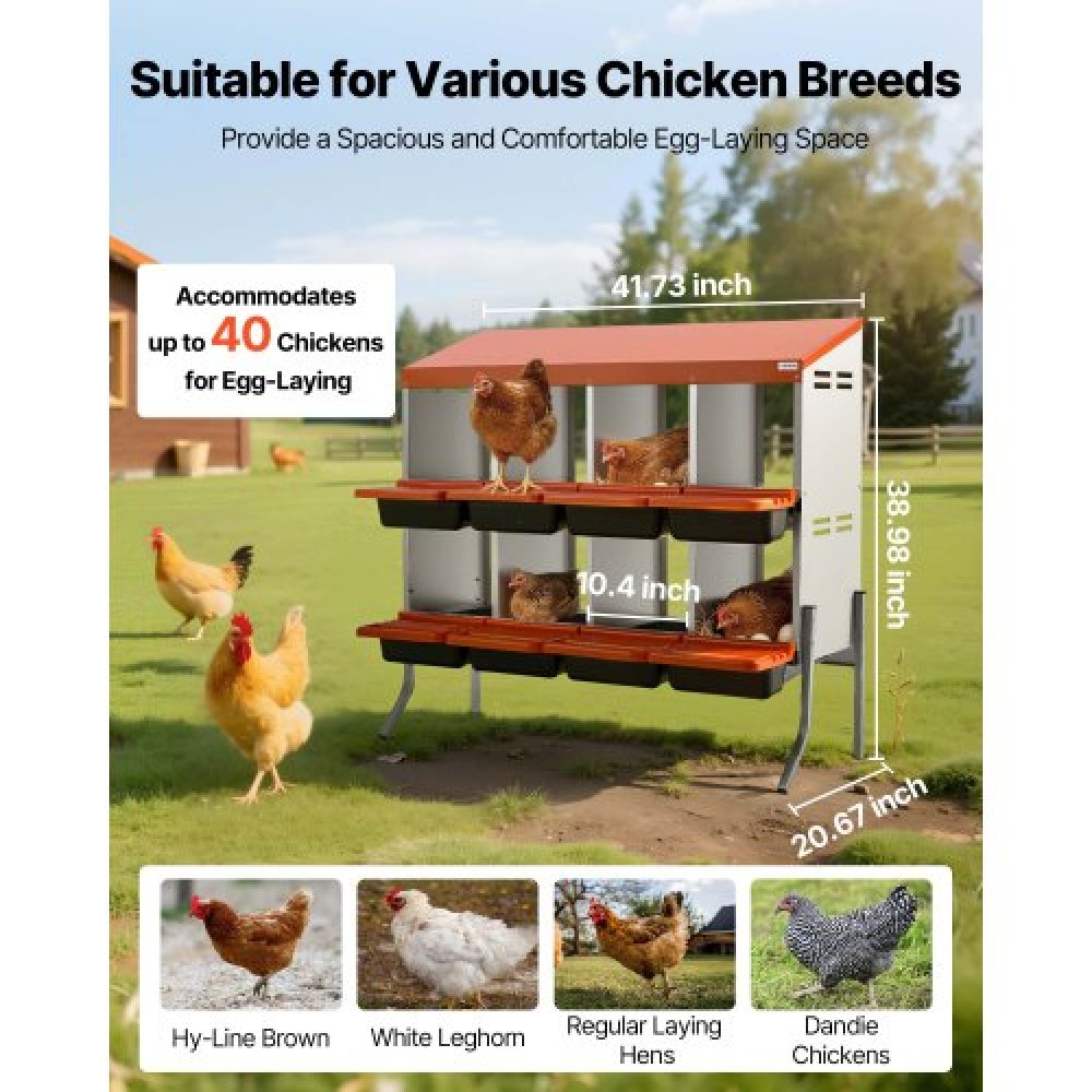 VEVOR Chicken Nesting Boxes, 8 Compartments, with Support Legs, Easy Egg Collection, Galvanized Steel and High-Strength Plastic, Roll Away Nesting Boxes for Chickens and Hens Laying Eggs, Orange