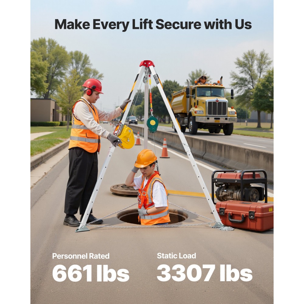 VEVOR Confined Space Tripod Kit, Heavy Duty Rescue Tripod Lifting Hoist Βαρούλκο 816 kg, ρυθμιζόμενα πόδια 1,25 m, φορητό κιτ καλωδίου 19,8 m, προστασία από πτώση 10 m, Ύψος εργασίας 1,34-2,15 m