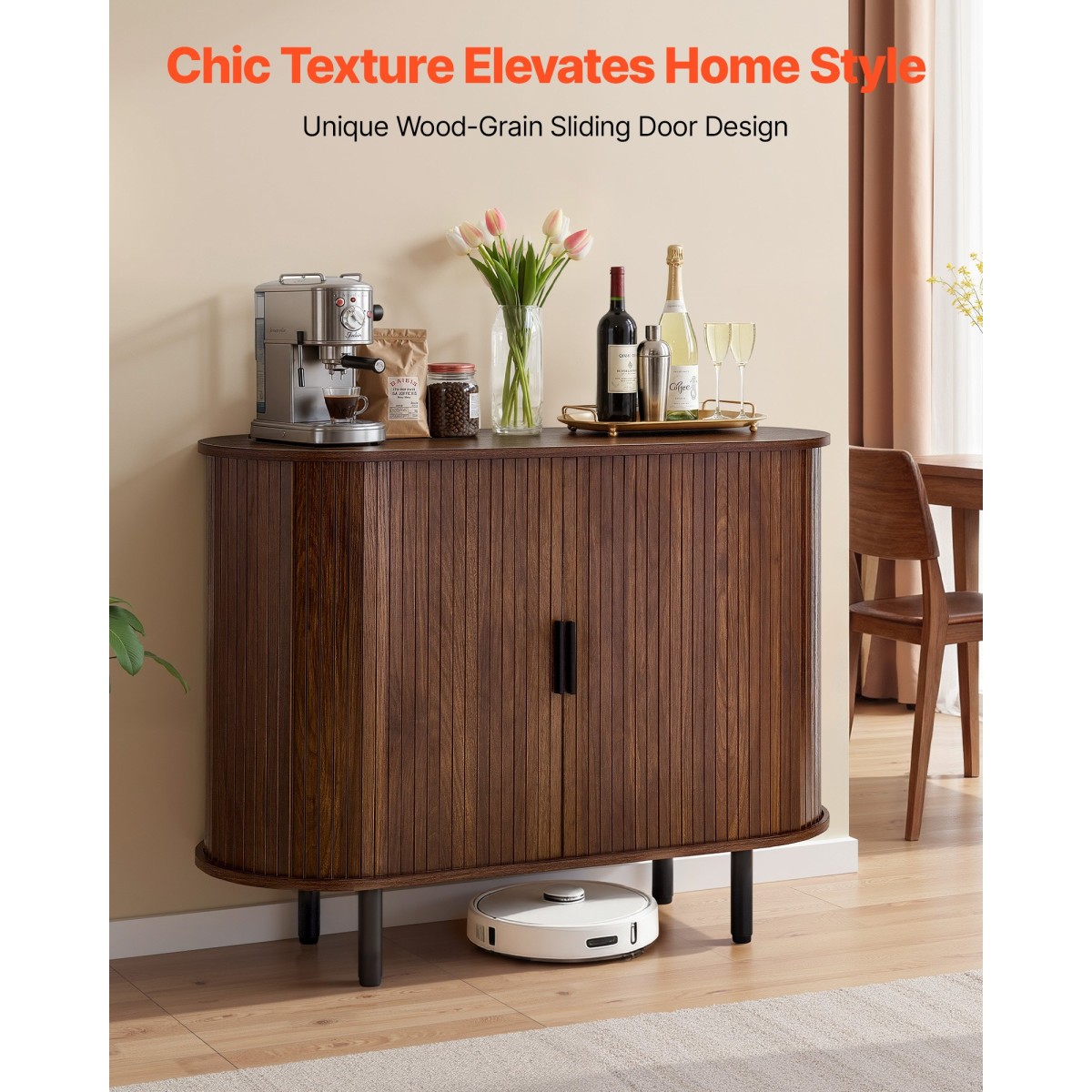 Έπιπλο VEVOR Coffee Bar, Τραπέζι Coffee Bar Fluted Mid Century, Ντουλάπα σε μπουφέ με 2 συρόμενες πόρτες, μπουφές μπουφέ για σαλόνι, είσοδος, κουζίνα, 100 x 40 x 75 cm, καρυδιά