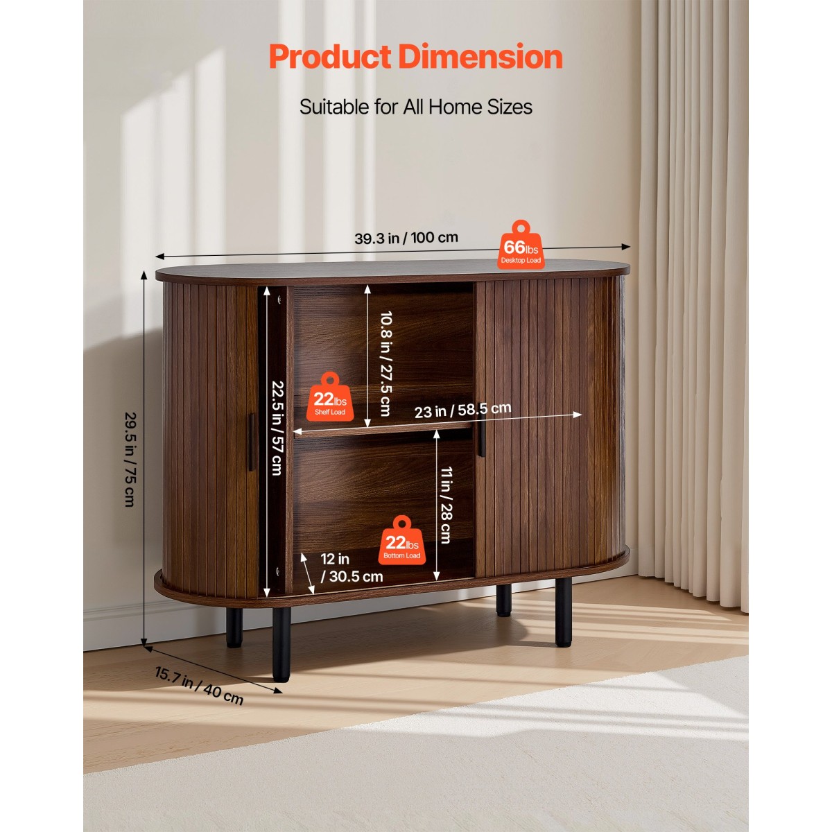 Έπιπλο VEVOR Coffee Bar, Τραπέζι Coffee Bar Fluted Mid Century, Ντουλάπα σε μπουφέ με 2 συρόμενες πόρτες, μπουφές μπουφέ για σαλόνι, είσοδος, κουζίνα, 100 x 40 x 75 cm, καρυδιά