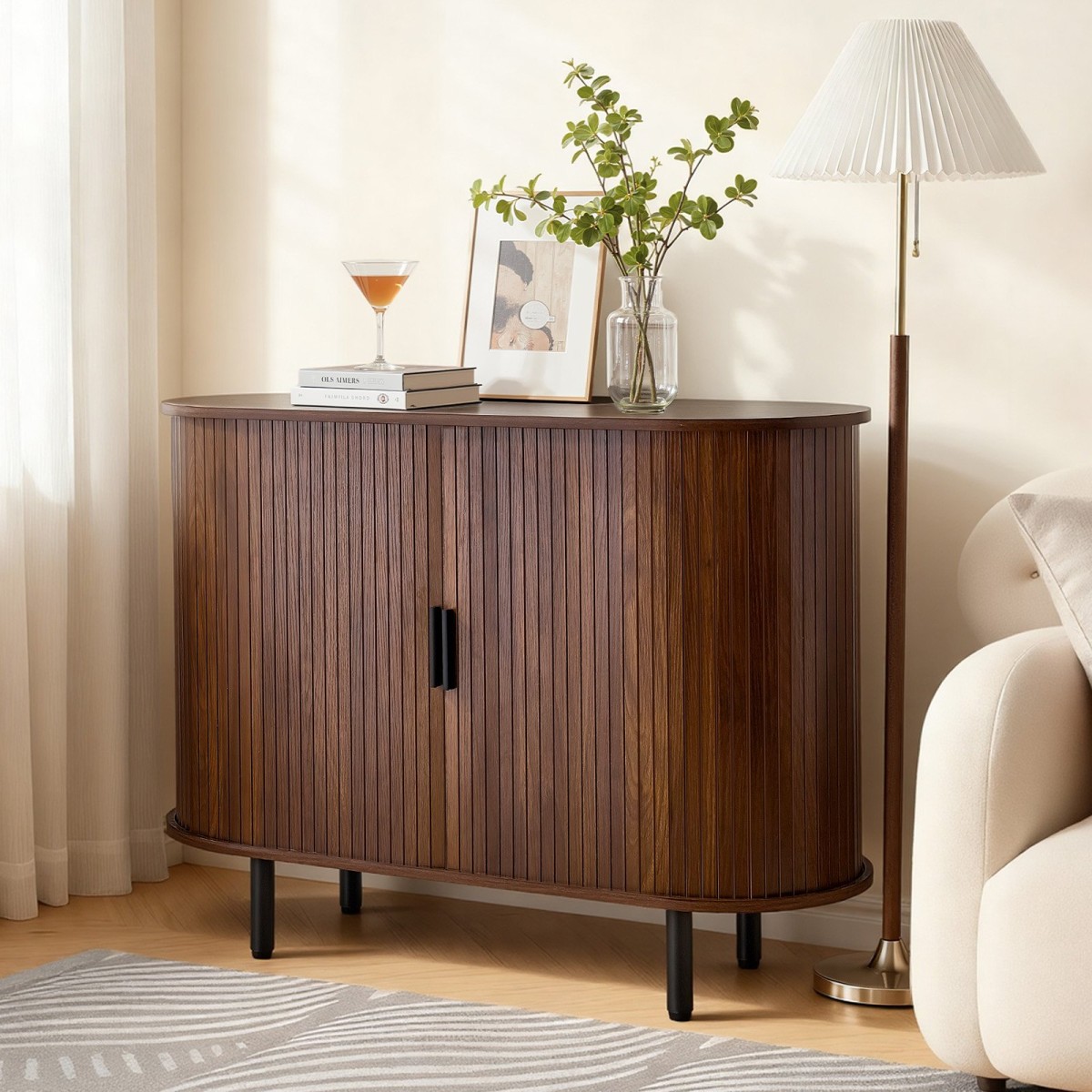 Έπιπλο VEVOR Coffee Bar, Τραπέζι Coffee Bar Fluted Mid Century, Ντουλάπα σε μπουφέ με 2 συρόμενες πόρτες, μπουφές μπουφέ για σαλόνι, είσοδος, κουζίνα, 100 x 40 x 75 cm, καρυδιά
