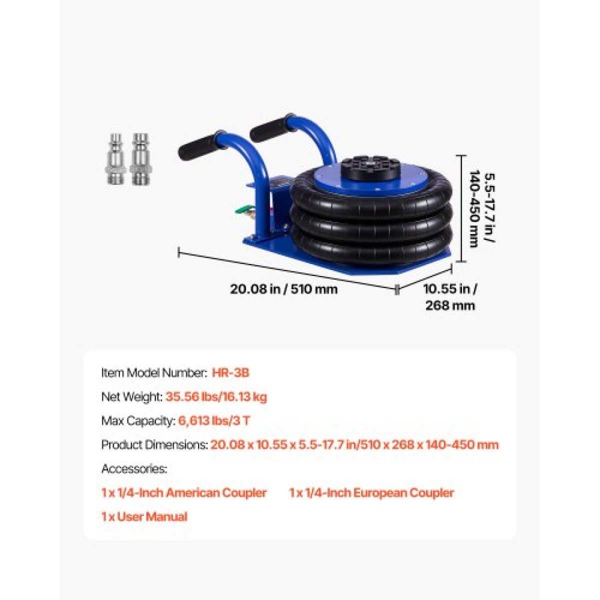 VEVOR Air Jack, 3 Ton Triple Bag Air Jack, Airbag με έξι χαλύβδινους σωλήνες, ανύψωση έως 450 mm, 1-6 s Fast Lifting Pneumatic με κοντές λαβές & λαστιχένιο μαξιλαράκι για αυτοκίνητα, SUV, επισκευή φορτηγών pickup, γκαράζ