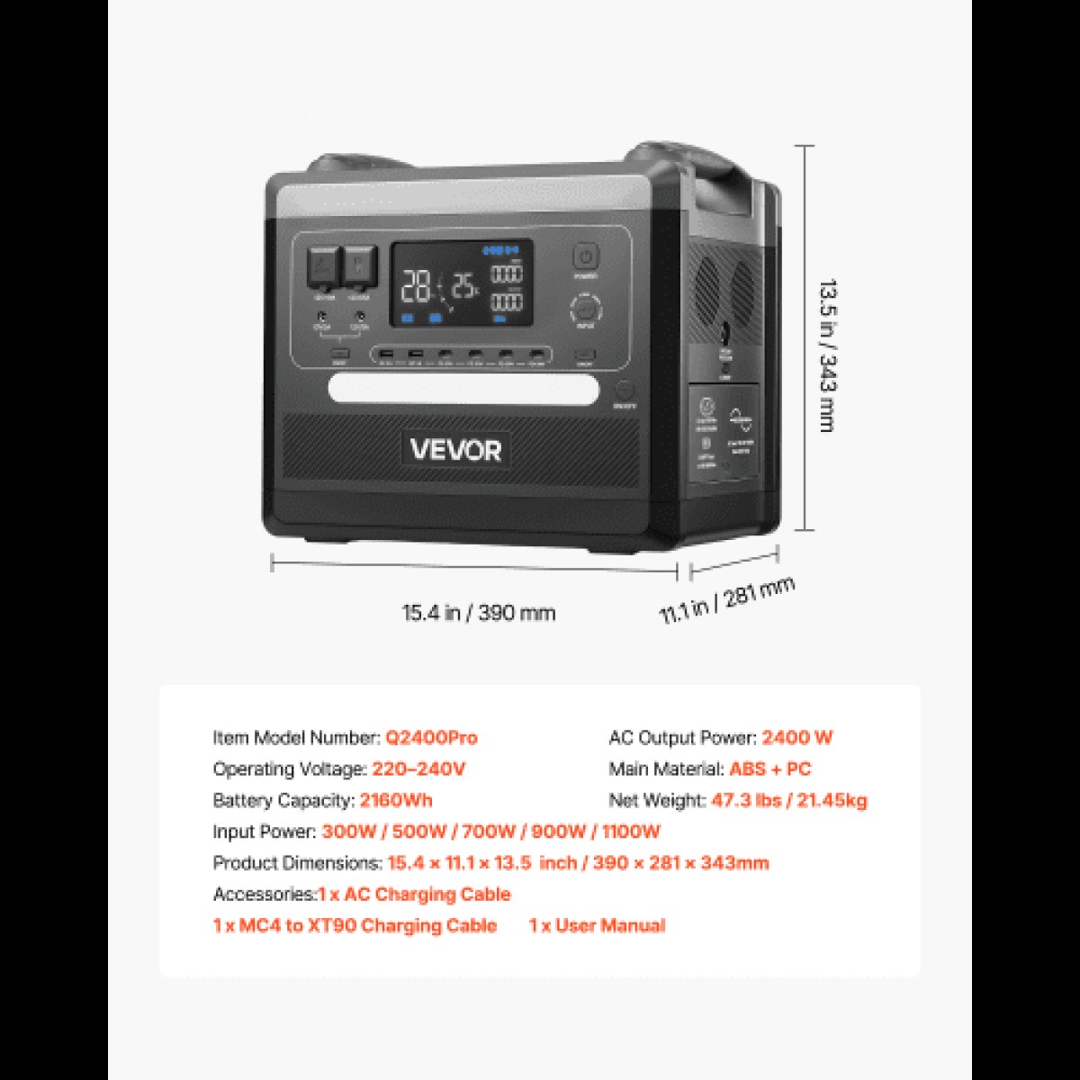 VEVOR Portable Power Station, 2400W 2160Wh Power Station ηλιακή γεννήτρια με 10 θύρες εξόδου & ρυθμιζόμενη ισχύ εισόδου, επεκτάσιμη εφεδρική μπαταρία LiFePO4 για Home Camping RV (ΔΕΝ περιλαμβάνεται ηλιακός πίνακας)