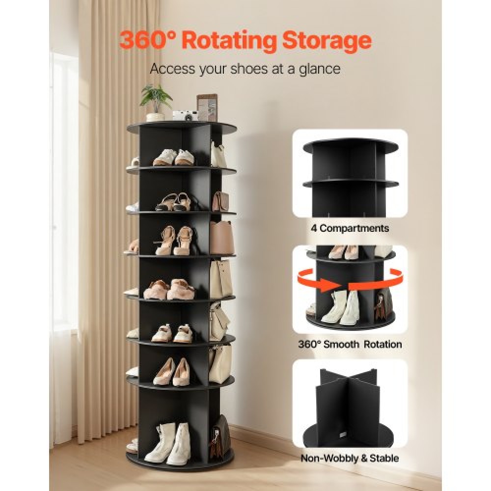 VEVOR 7 Tiers Rotating Shoe Rack Tower, 360° Spinning Shoe Rack, Revolving Storage Round Carousel Display, Freestanding Lazy Susan Organizer Display for Bedroom, Living Room, Entryway, Closet, Black