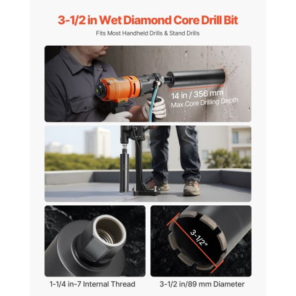 VEVOR Core Drill Bit, 89 mm Diameter, 356 mm Drilling Depth, 1-1/4 in-7 Internal Thread, High-Precision Welding Technology, Wet Diamond Core Bit for Reinforced Concrete, Red Bricks, and Masonry