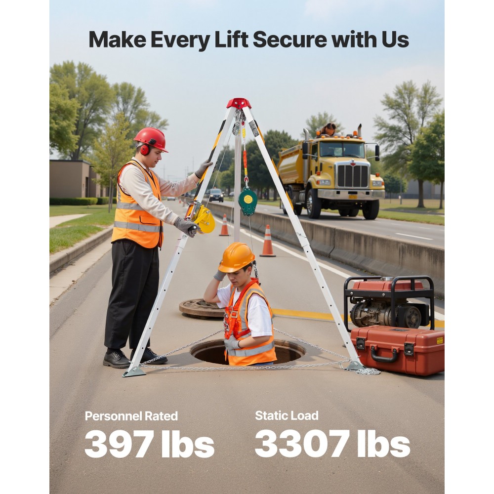 VEVOR Confined Space Tripod Kit, Heavy Duty Rescue Tripod Lifting Hoist Βαρούλκο 544 kg, ρυθμιζόμενα πόδια 1,25 m, φορητό κιτ καλωδίου 19,8 m, προστασία από πτώση 10 m, Ύψος εργασίας 1,34-2,15 m