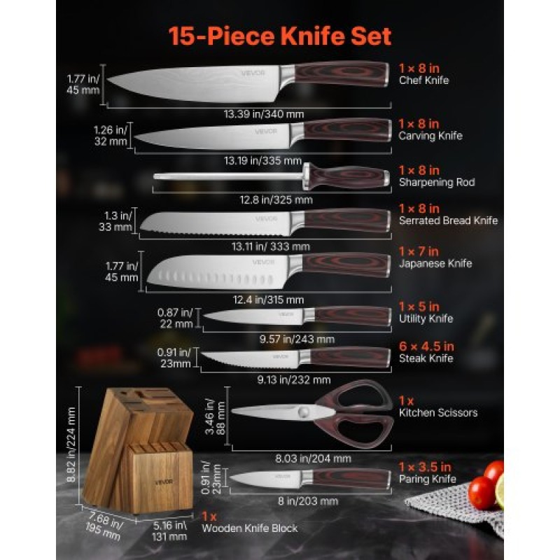 VEVOR Kitchen Knife Set with Block and Sharpener, 15 Piece High Carbon Stainless Steel Knife Set, Rust-Resistant Kitchen Cutlery with Ergonomic Handle, Sharpening Rod & Premium Wooden Block, for Home