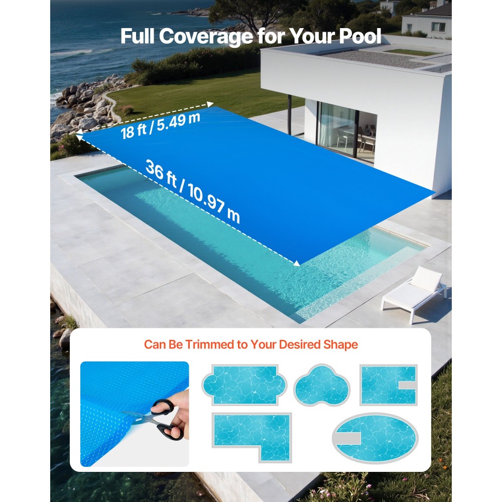 VEVOR Solar Pool Cover, 10,97 x 5,49m Rectangle Pool Bubble Cover, 8 Mil Pools Solar Blanket with Bubble & PE Υλικό, Ημέρα Απορρόφηση Θερμότητας, Διατήρηση Θερμότητας τη νύχτα, Ηλιακά Καλύμματα Διατήρησης Θερμότητας, Μπλε