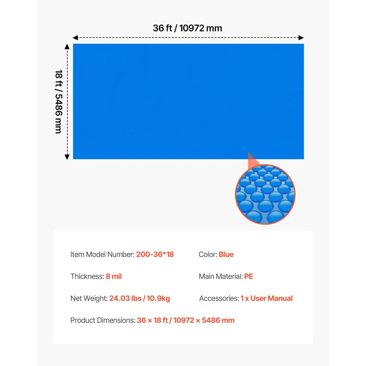 VEVOR Solar Pool Cover, 10,97 x 5,49m Rectangle Pool Bubble Cover, 8 Mil Pools Solar Blanket with Bubble & PE Υλικό, Ημέρα Απορρόφηση Θερμότητας, Διατήρηση Θερμότητας τη νύχτα, Ηλιακά Καλύμματα Διατήρησης Θερμότητας, Μπλε