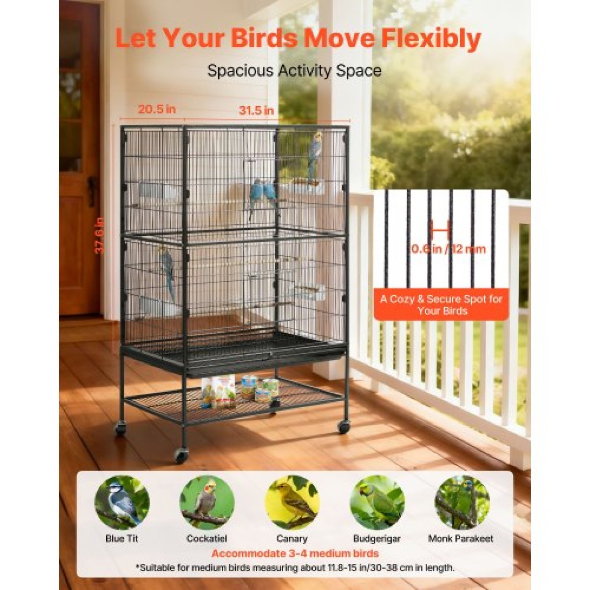 VEVOR Bird Cage, 800 x 520 x 1320 mm, Επίπεδη κορυφή, Κλουβί πτήσης από σφυρήλατο σίδερο με κούρνιες, συρόμενος δίσκος και πλαστικοί τροφοδότες, τροχίσκοι, για παπαγάλους, μπλε βυζιά, κοκατίλ, καναρινιές και παπαγαλάκια μοναχών