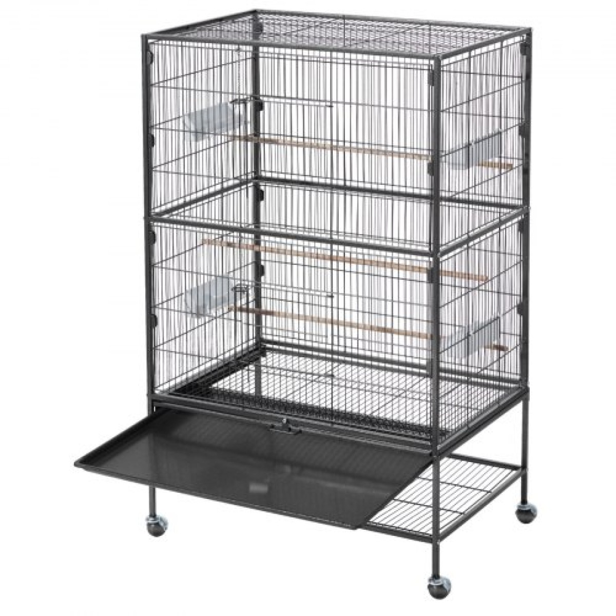 VEVOR Bird Cage, 800 x 520 x 1320 mm, Επίπεδη κορυφή, Κλουβί πτήσης από σφυρήλατο σίδερο με κούρνιες, συρόμενος δίσκος και πλαστικοί τροφοδότες, τροχίσκοι, για παπαγάλους, μπλε βυζιά, κοκατίλ, καναρινιές και παπαγαλάκια μοναχών
