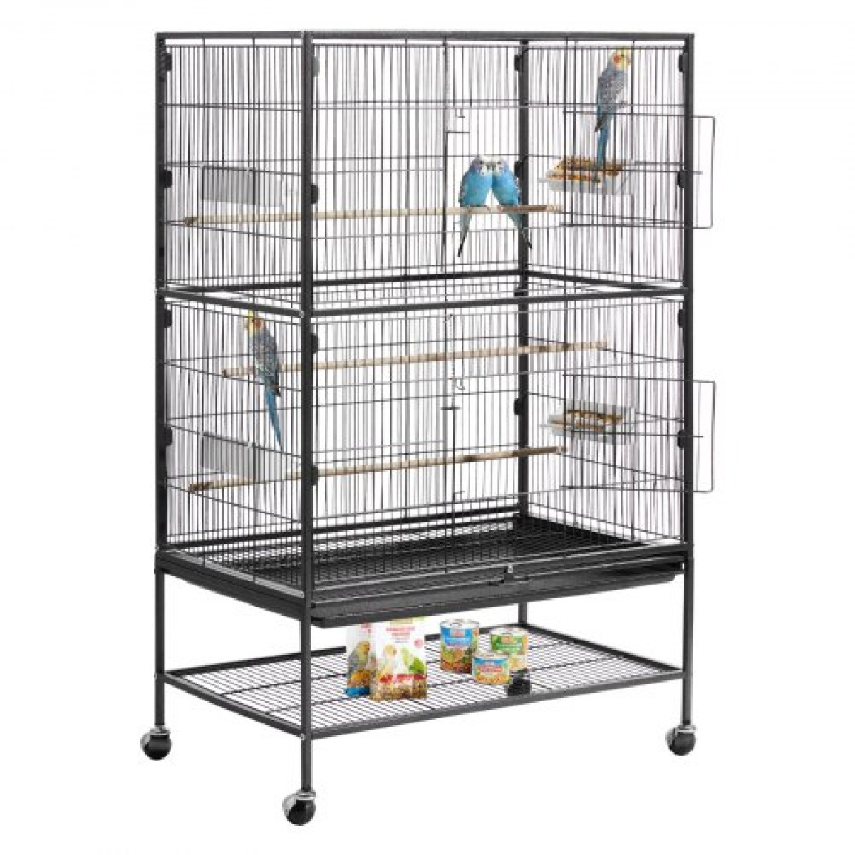 VEVOR Bird Cage, 800 x 520 x 1320 mm, Επίπεδη κορυφή, Κλουβί πτήσης από σφυρήλατο σίδερο με κούρνιες, συρόμενος δίσκος και πλαστικοί τροφοδότες, τροχίσκοι, για παπαγάλους, μπλε βυζιά, κοκατίλ, καναρινιές και παπαγαλάκια μοναχών