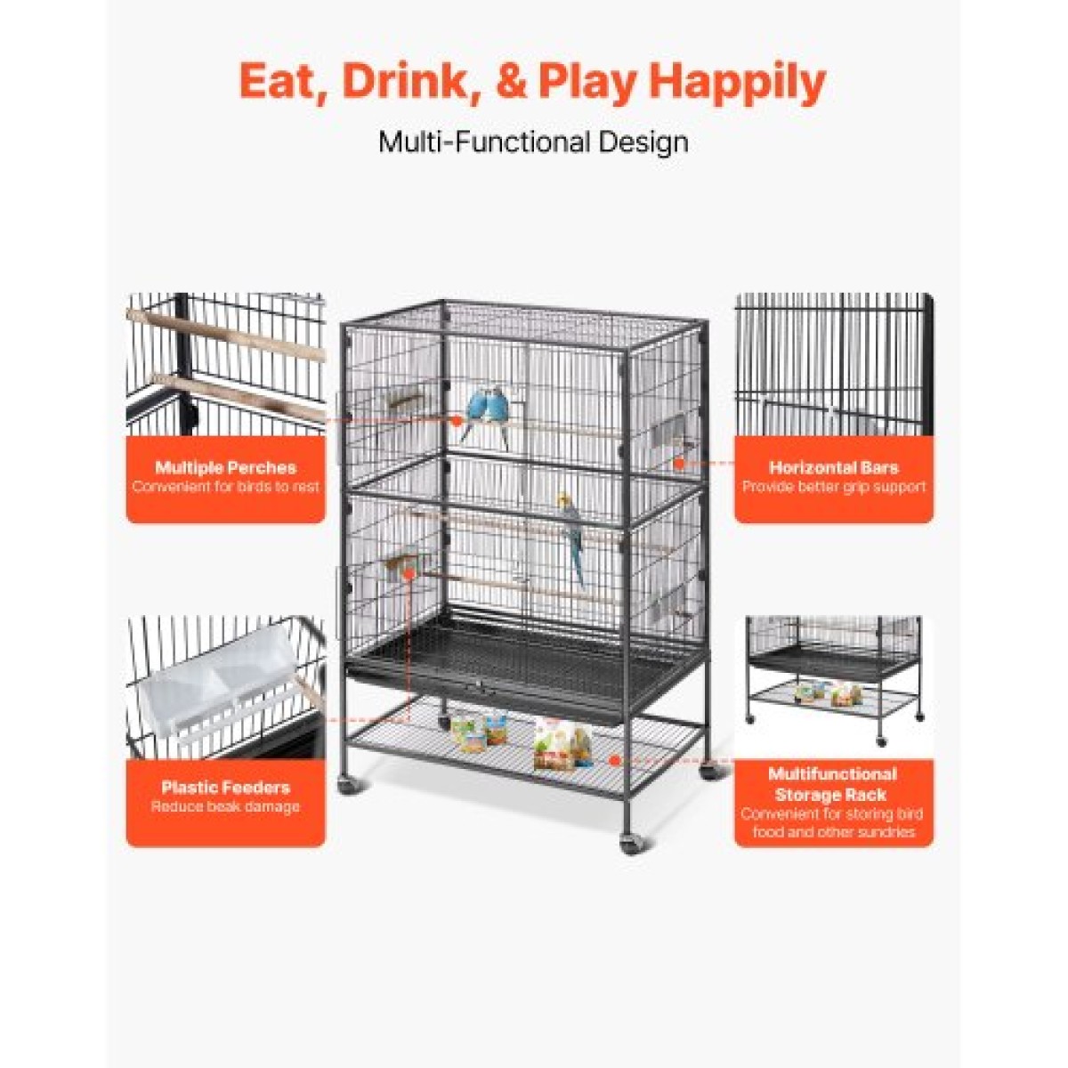 VEVOR Bird Cage, 800 x 520 x 1320 mm, Επίπεδη κορυφή, Κλουβί πτήσης από σφυρήλατο σίδερο με κούρνιες, συρόμενος δίσκος και πλαστικοί τροφοδότες, τροχίσκοι, για παπαγάλους, μπλε βυζιά, κοκατίλ, καναρινιές και παπαγαλάκια μοναχών