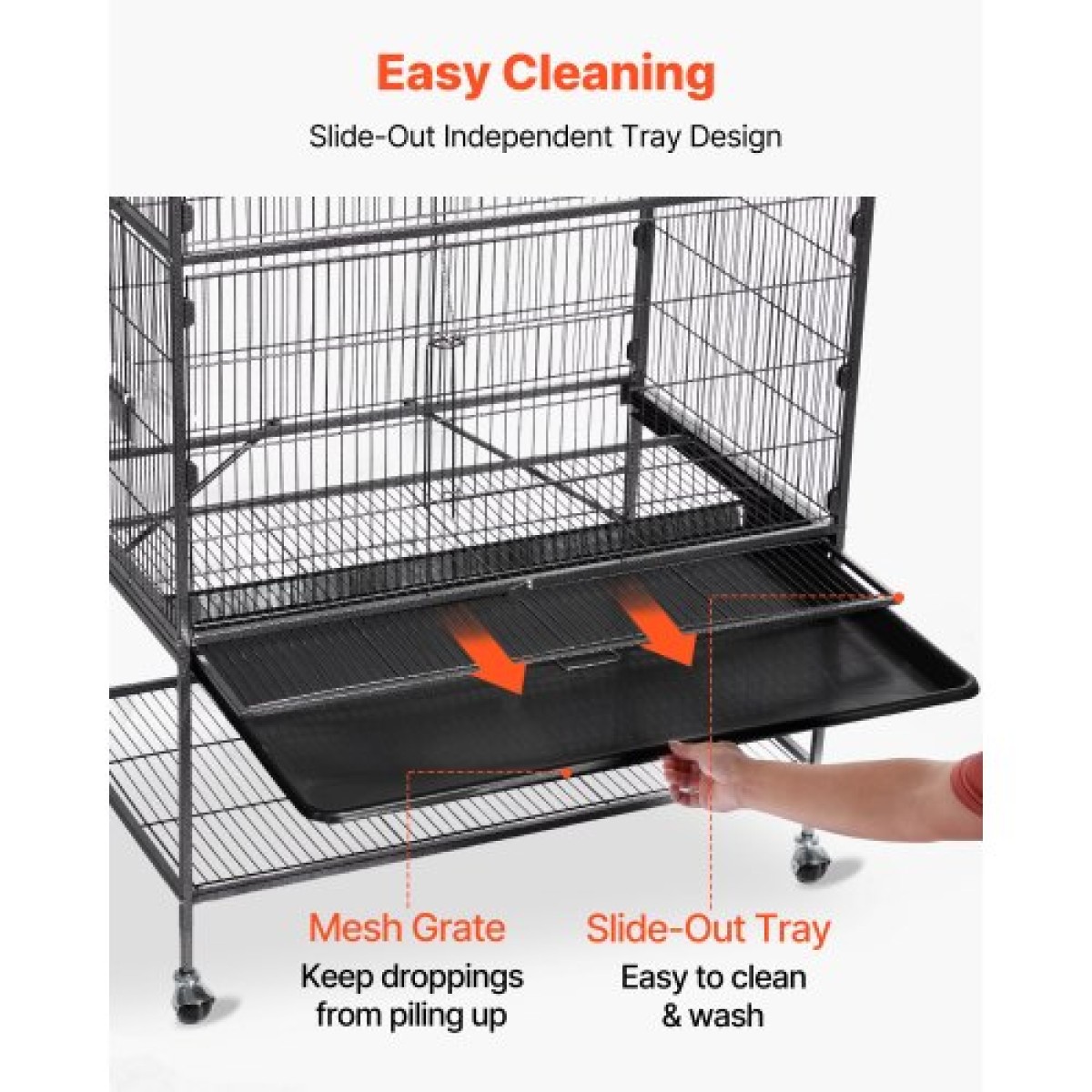 VEVOR Bird Cage, 800 x 520 x 1320 mm, Επίπεδη κορυφή, Κλουβί πτήσης από σφυρήλατο σίδερο με κούρνιες, συρόμενος δίσκος και πλαστικοί τροφοδότες, τροχίσκοι, για παπαγάλους, μπλε βυζιά, κοκατίλ, καναρινιές και παπαγαλάκια μοναχών