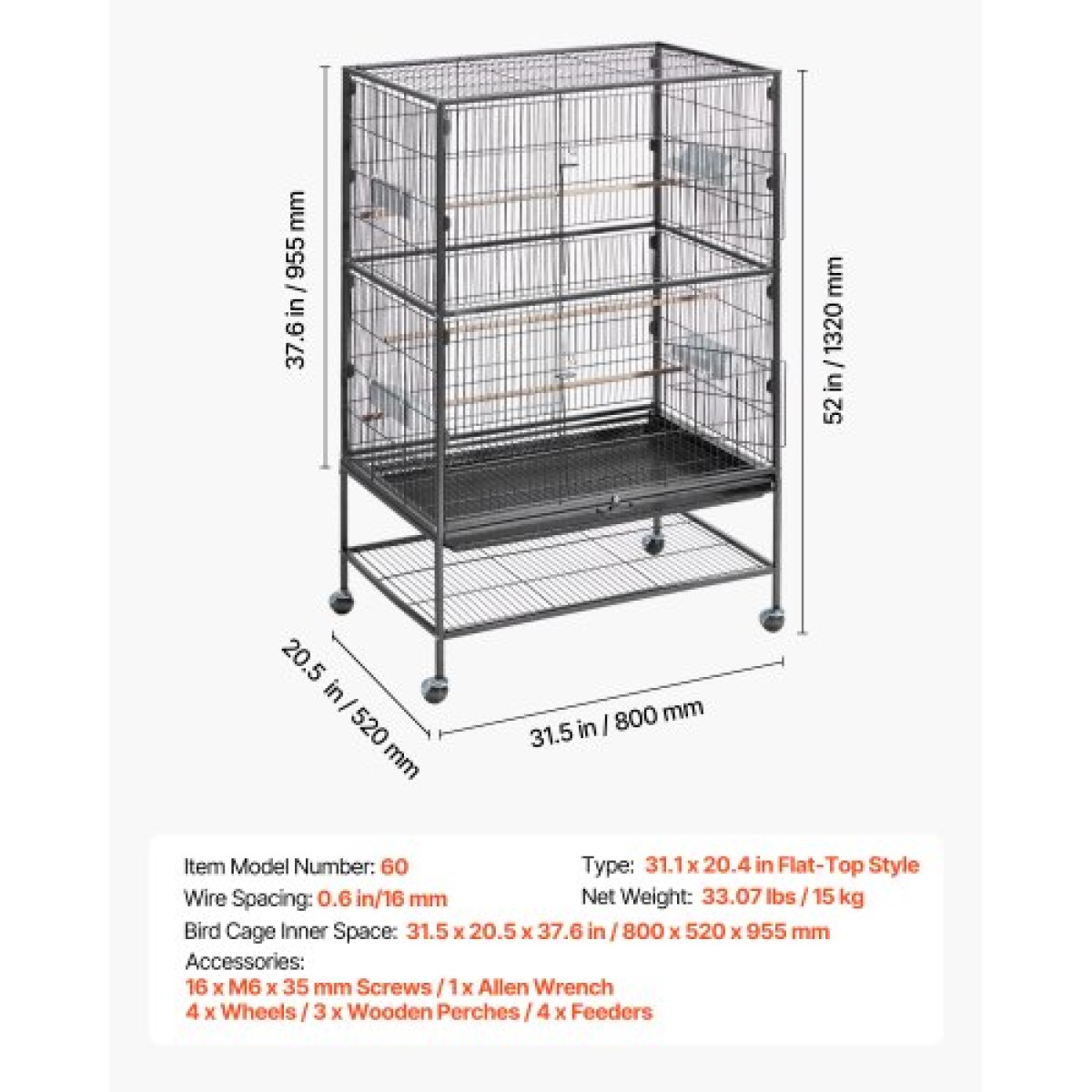 VEVOR Bird Cage, 800 x 520 x 1320 mm, Επίπεδη κορυφή, Κλουβί πτήσης από σφυρήλατο σίδερο με κούρνιες, συρόμενος δίσκος και πλαστικοί τροφοδότες, τροχίσκοι, για παπαγάλους, μπλε βυζιά, κοκατίλ, καναρινιές και παπαγαλάκια μοναχών
