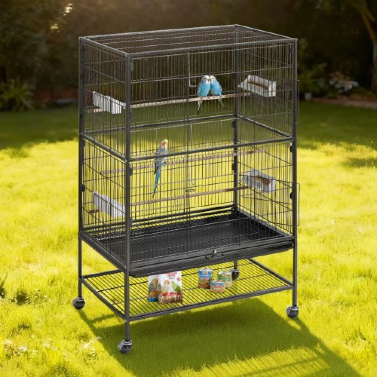 VEVOR Bird Cage, 800 x 520 x 1320 mm, Επίπεδη κορυφή, Κλουβί πτήσης από σφυρήλατο σίδερο με κούρνιες, συρόμενος δίσκος και πλαστικοί τροφοδότες, τροχίσκοι, για παπαγάλους, μπλε βυζιά, κοκατίλ, καναρινιές και παπαγαλάκια μοναχών